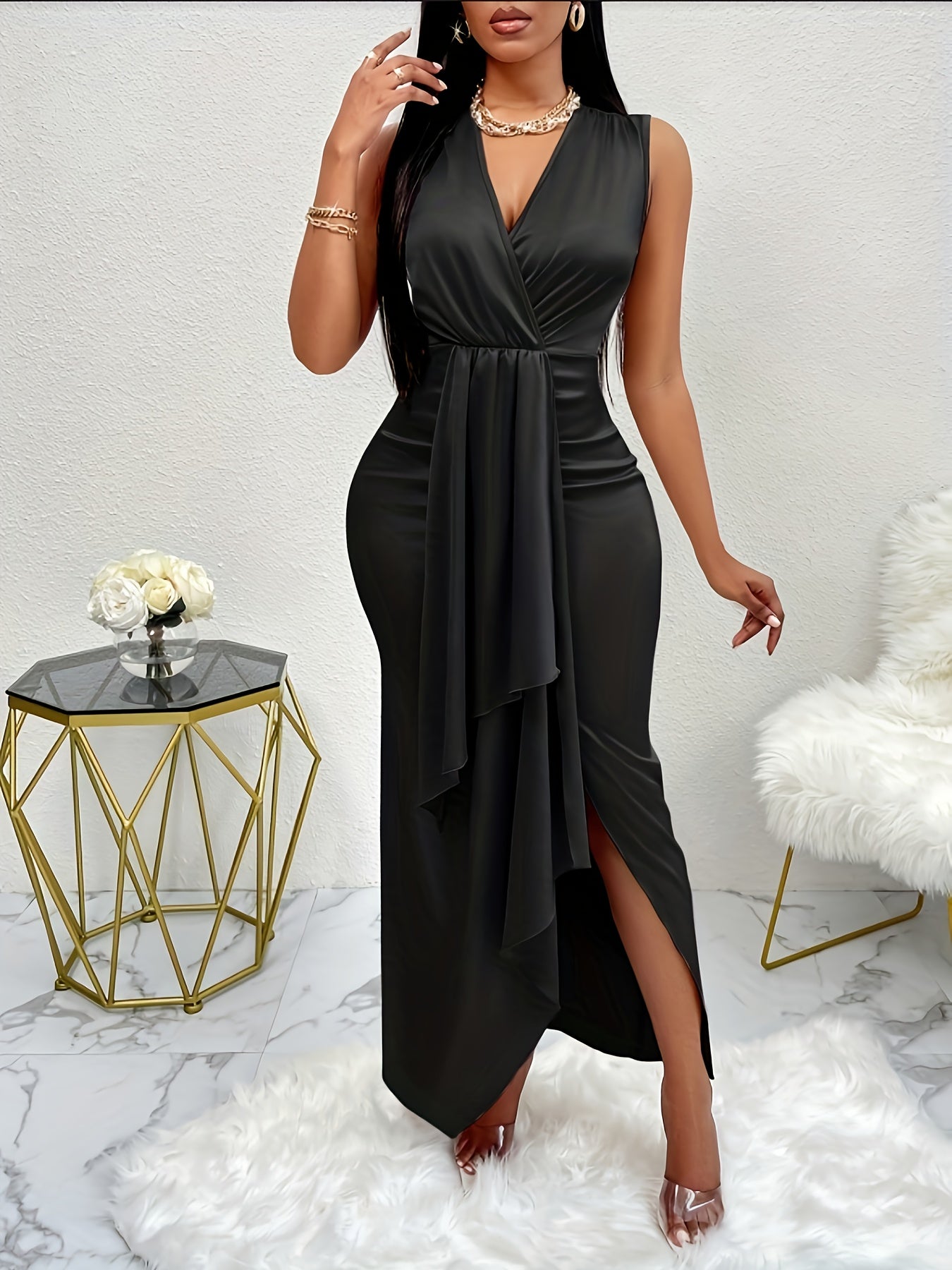 Lencensa - Robe Sans Manches Plissée Ourlet Asymétrique