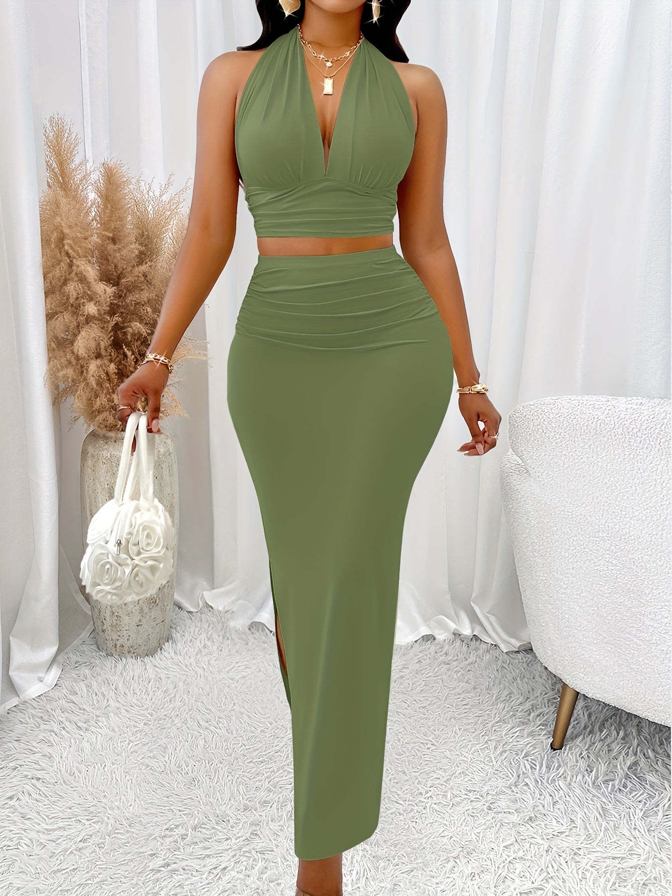 Lencensa - Ensemble Femme Top Halter et Jupe Taille Haute