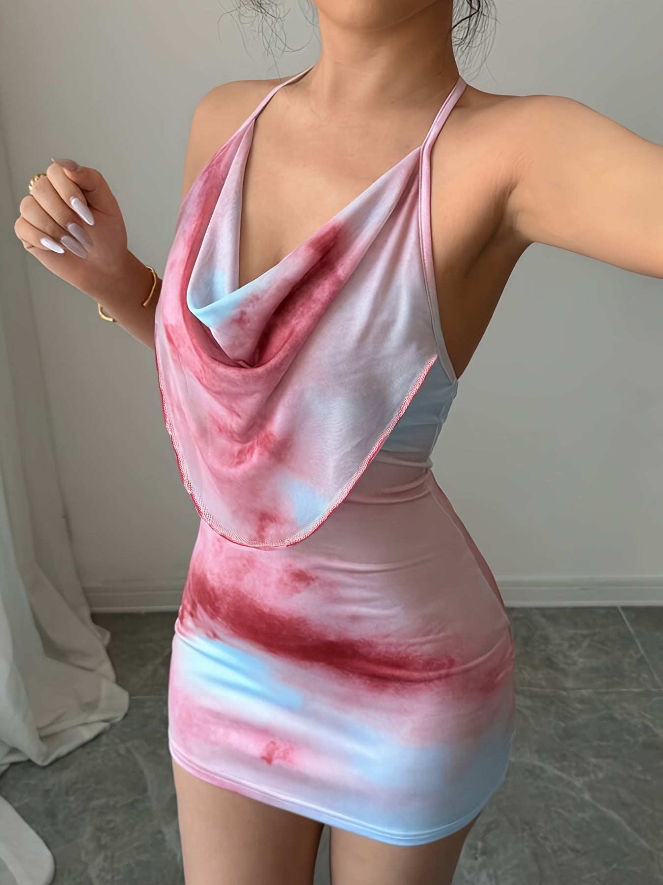 Lencensa - Robe Mini Tie-Dye Halter Sans Manches