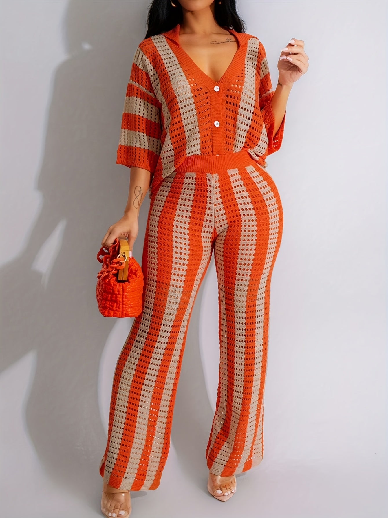 Lencensa - Ensemble Femme Top Col V et Pantalon Tricot