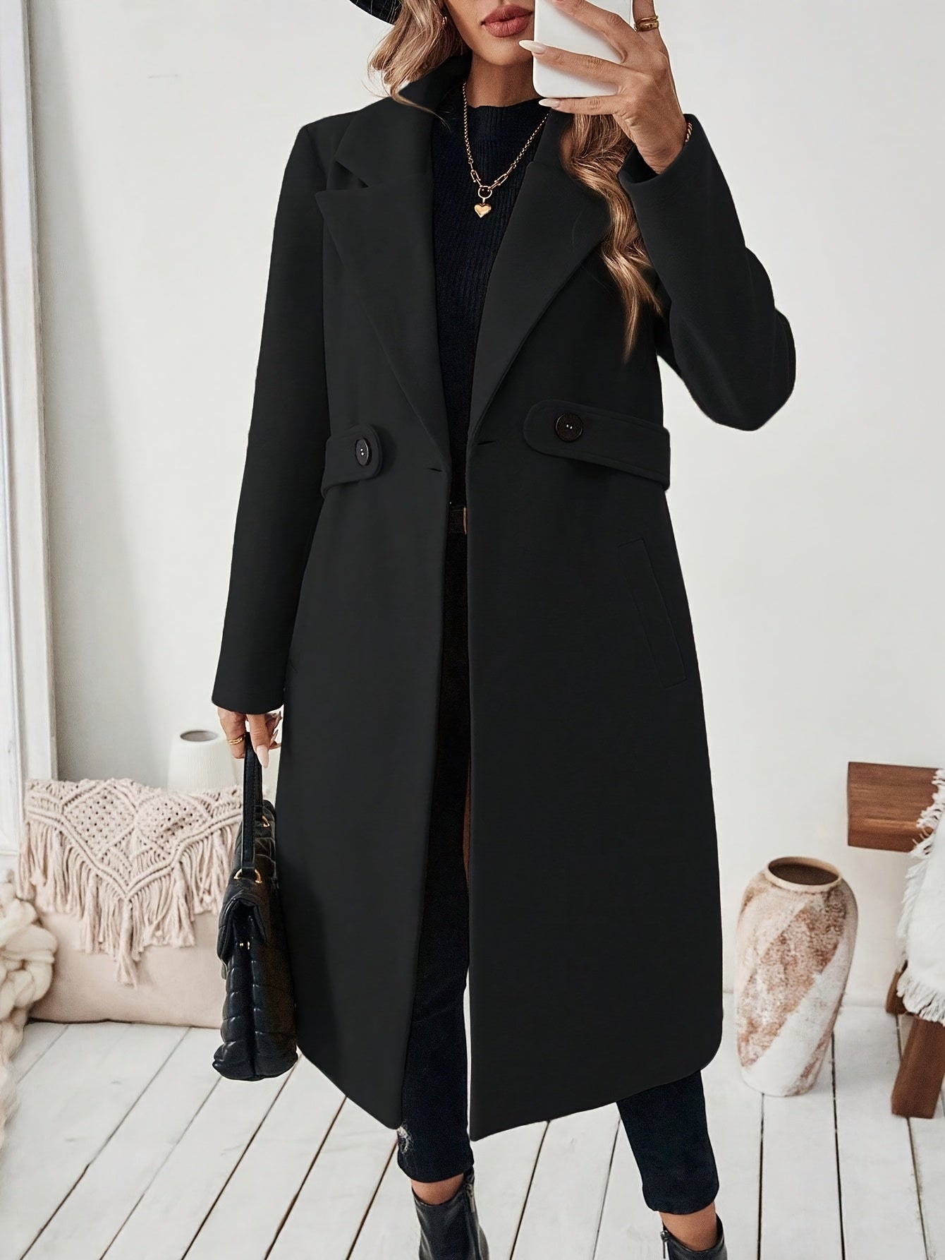 Women's Elegant Long Black Tweed Coat with Adjustable Belt - H-Silhouette Asymmetrical Hem, Machine Washable Winter Trench Coat for Fall & Winter, Office to Evening Versatile Outerwear, Notch Lapel Design - Lencensa 