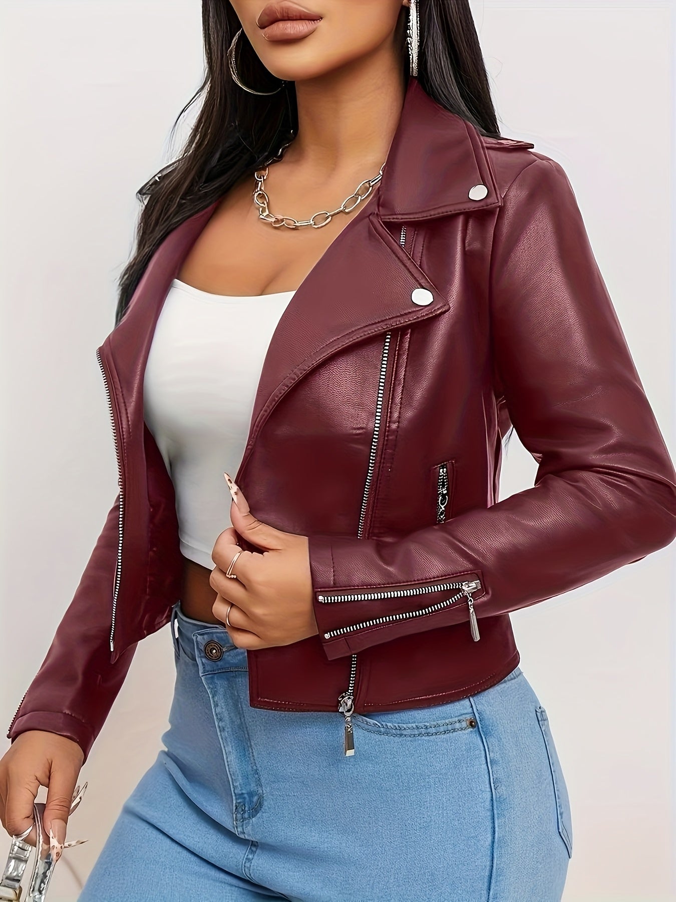 Women'S Chic Faux Leather Biker Jacket - Beige, Long Sleeve, Zipper Front, Pockets, Skinny Fit, Spring/Fall Fashion, Casual Attire Jacket|Chic Casual Jacket|Zippered Jacket - Lencensa 