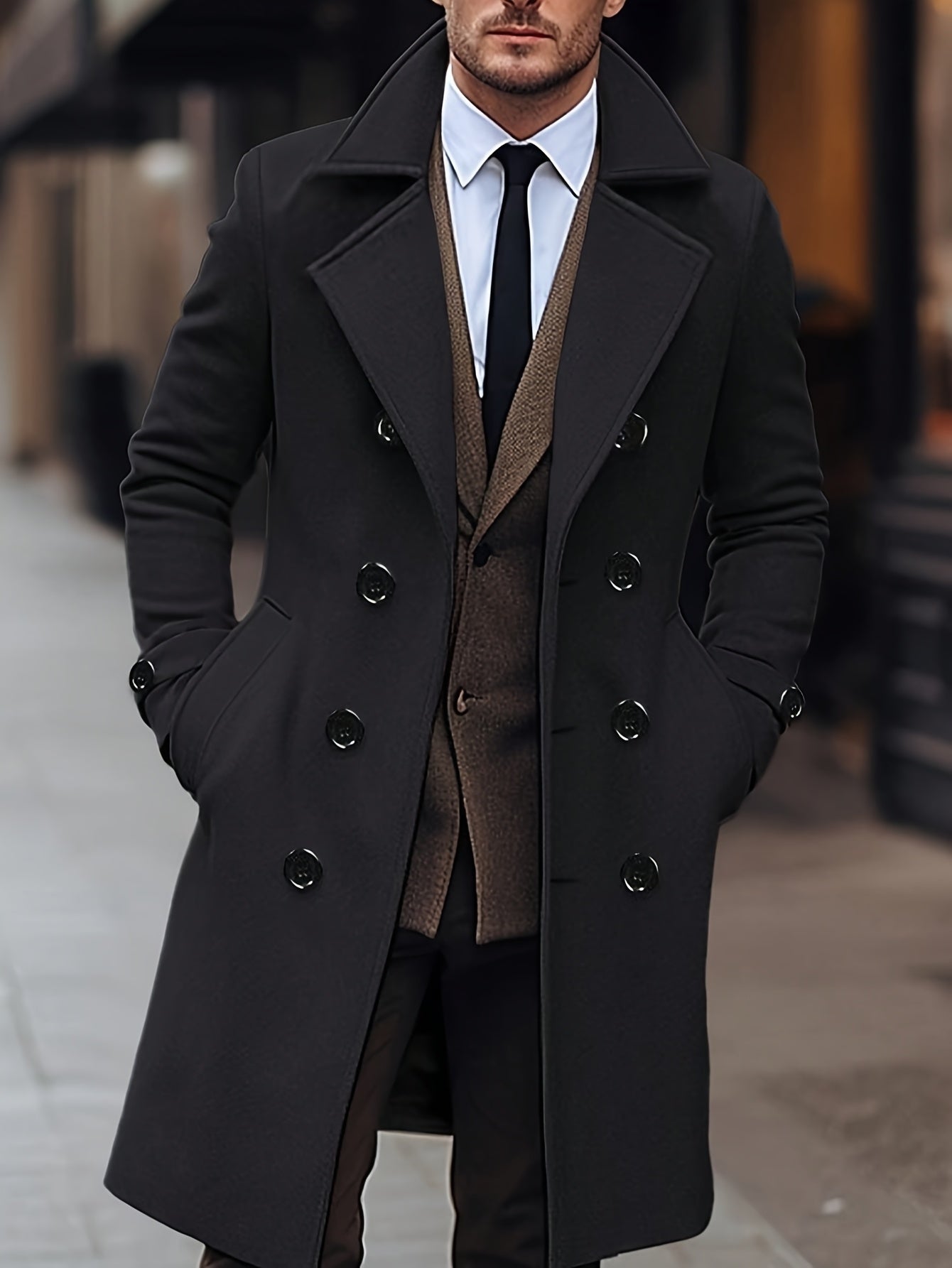 Manteau Homme Long - Double Boutonnage Noir Élégant - Lencensa 