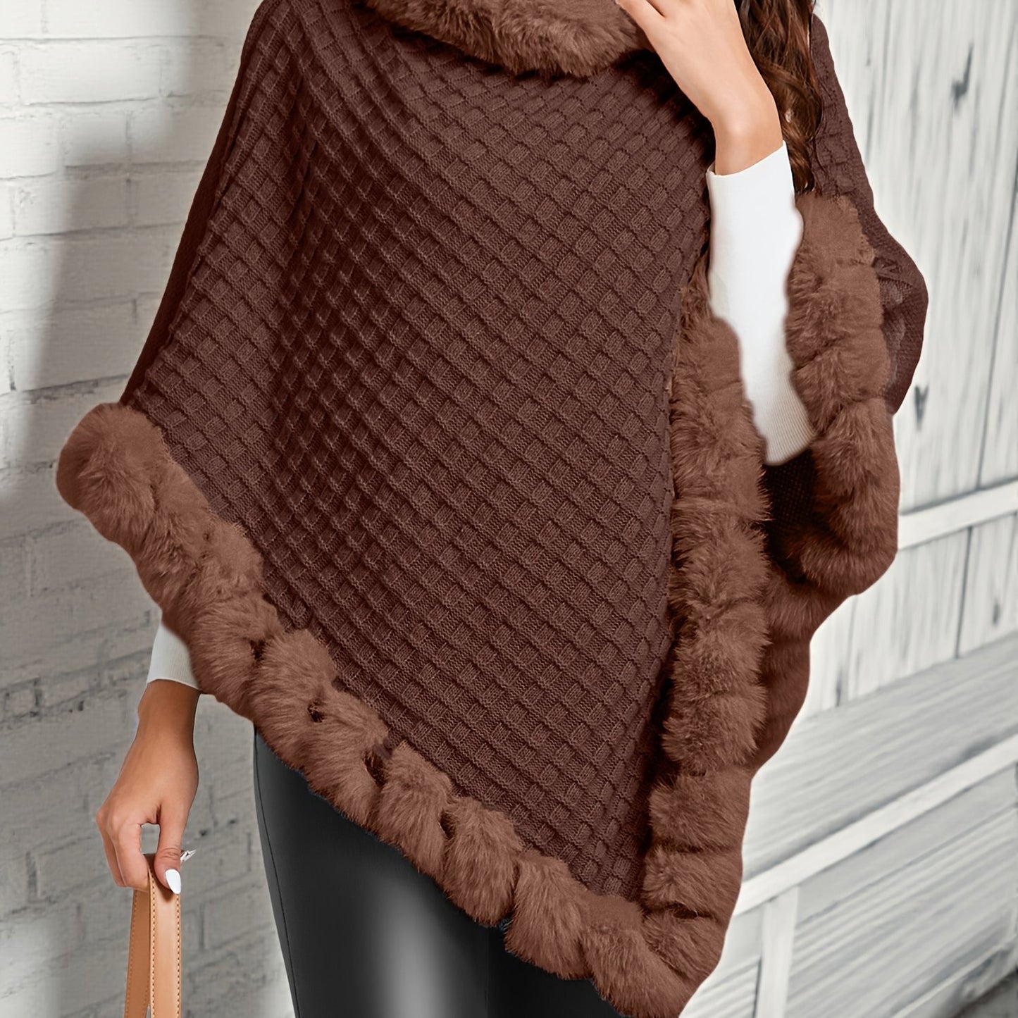 Pure Body" Elegant Special Edition Women's Solid Color Waffle Pullover, 100% Polyester with Faux Fur Collar Splice, Stylish and Warm Sweater for Autumn/Winter, Suitable for Outdoors, Office & Home Wear, Hand Washable, Gift Id - Lencensa 