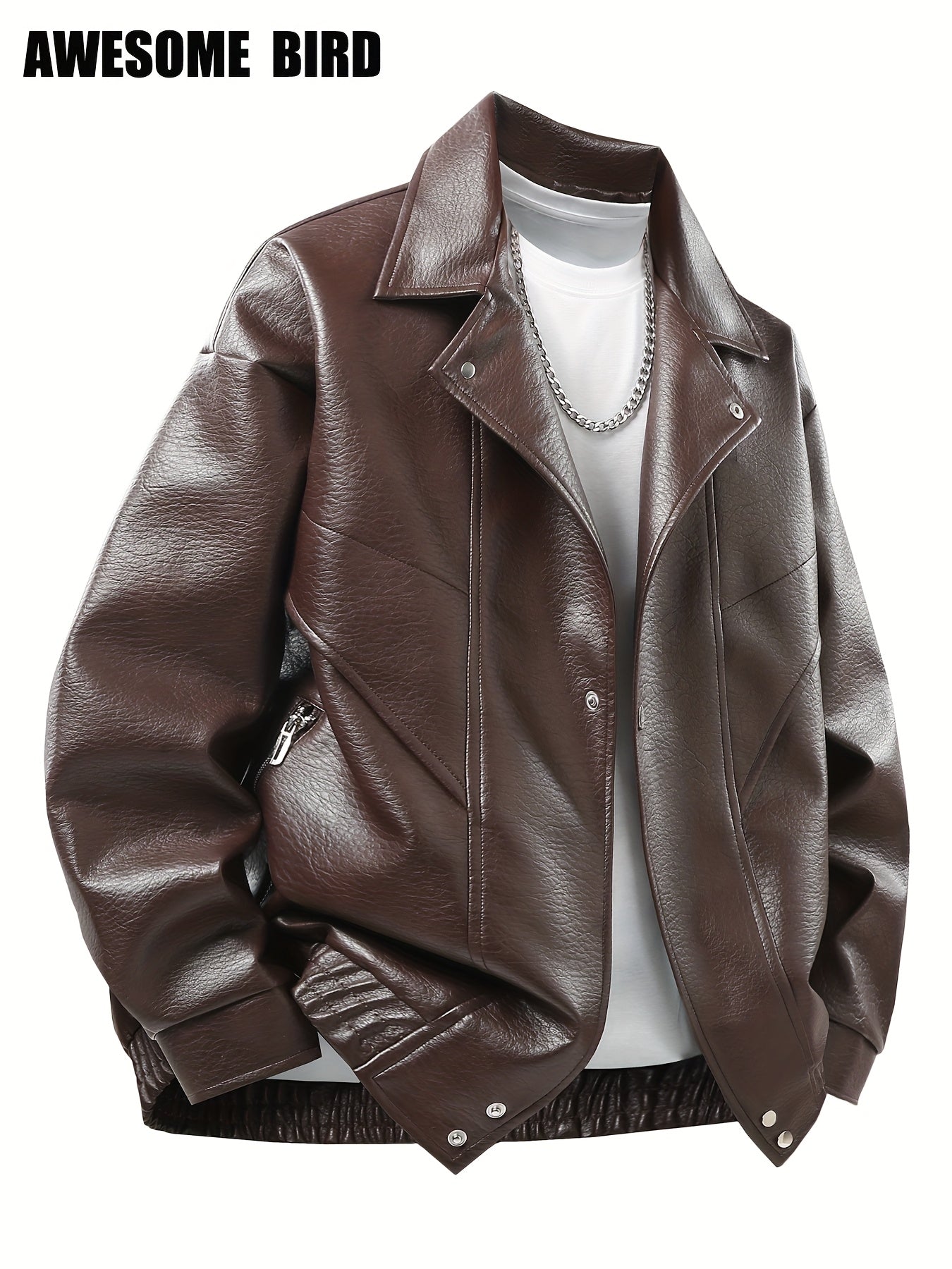Lencensa - Veste Cuir PU Homme Marron Style urbain
