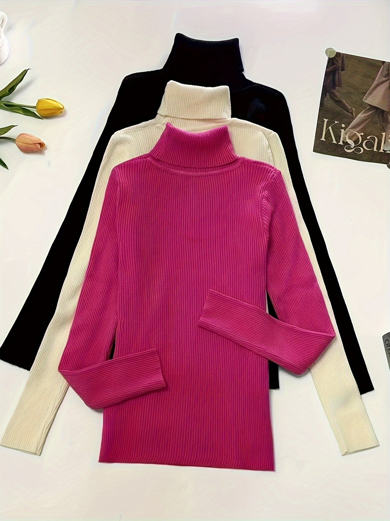 Turtleneck 3 Packs Knitted Pullover Sweater, Casual Solid Color Long Sleeve Sweater For Fall & Winter, Women's Clothing - Lencensa 