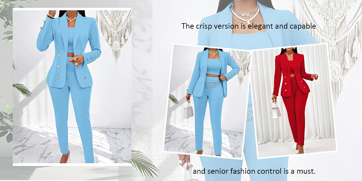 Women's Elegant 3pcs Beige/Beige/Nude Suit Set - Tailored Collar Blazer, Structured Wide-Leg Pants & Wrinkle-Resistant Tailored Blazer Jacket with Matching Pants - Office, Wedding, Formal Events - Machine Washable & Versatile - Lencensa 