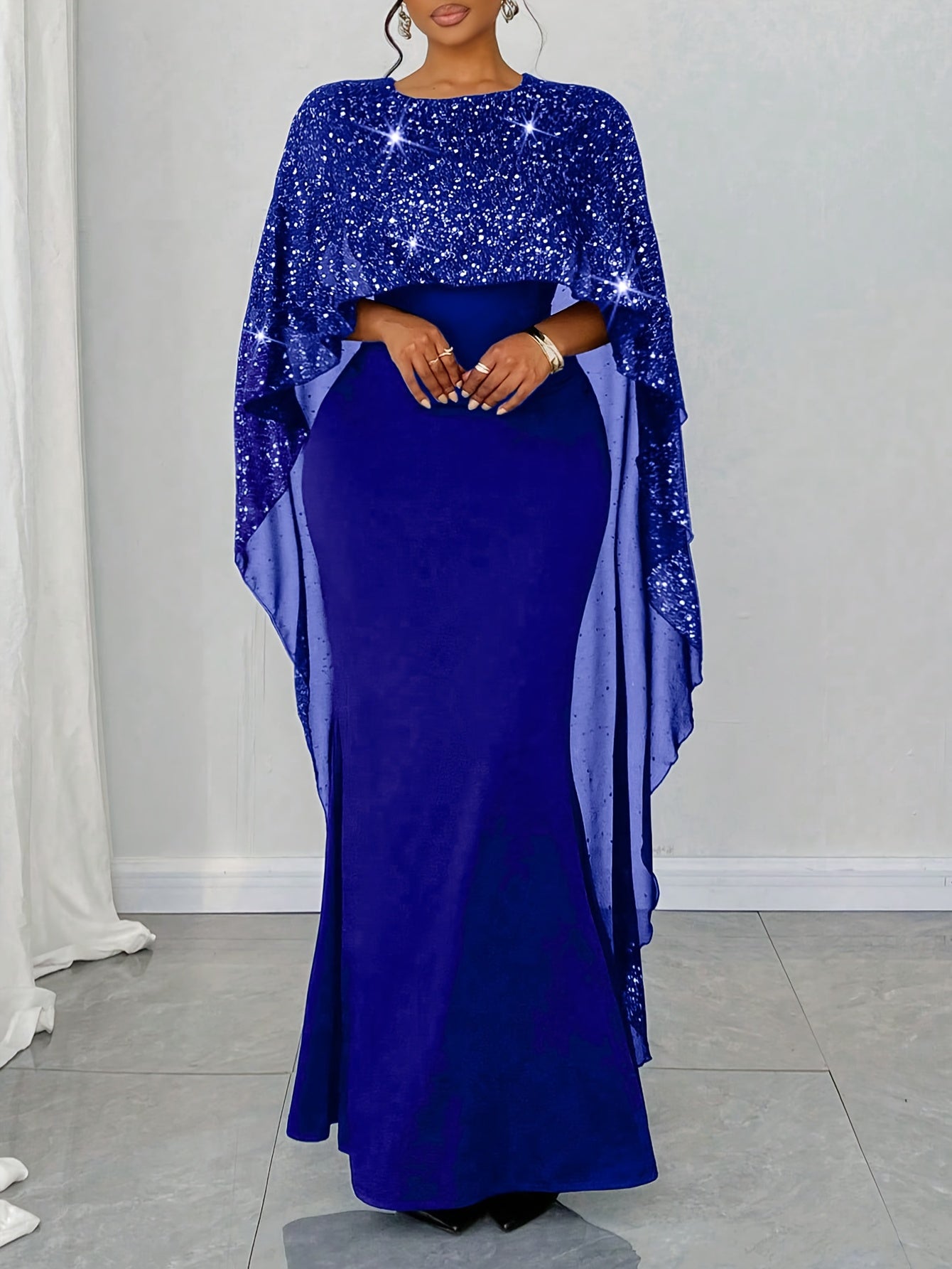 Robe Cape Sequins Lencensa - Sirène Noire Manches Fluides Femme