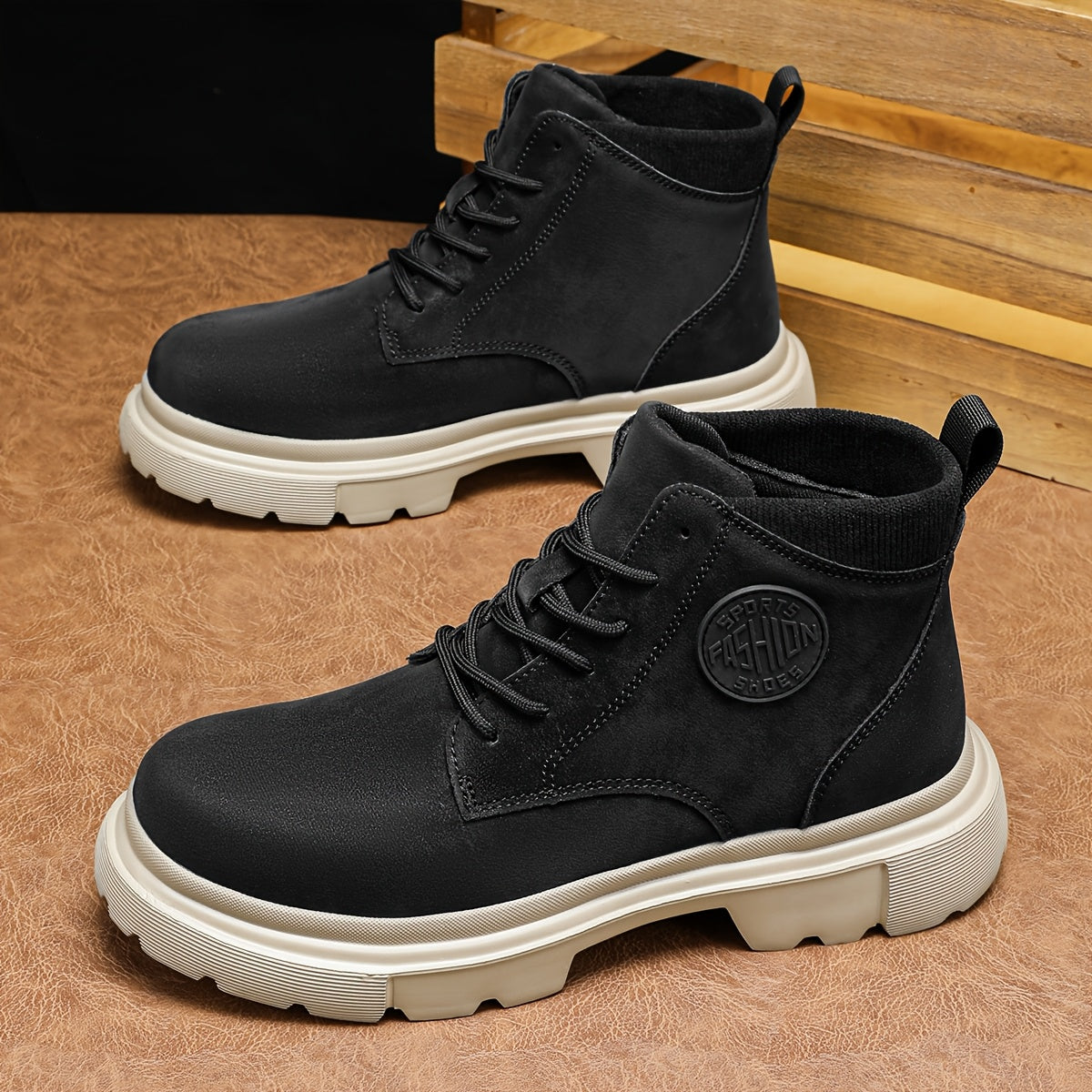 Bottes de randonnée à mi-haut de mode unisexe, couleur unie, style sportif décontracté, chaussures à lacets toutes saisons, fausse tige, intérieur en tissu, semelle en caoutchouc, bout uni pour hommes et femmes