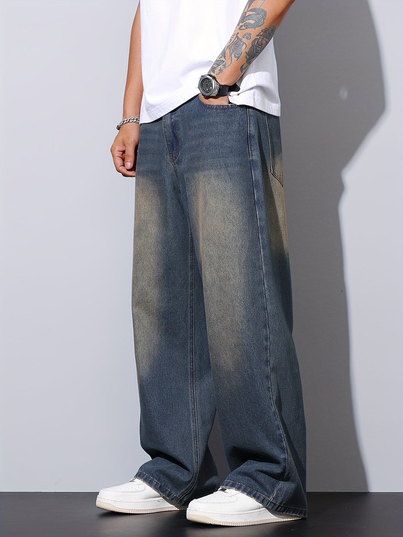 Jean Délavé Lencensa - Coupe Large Effet Usé Bleu Homme