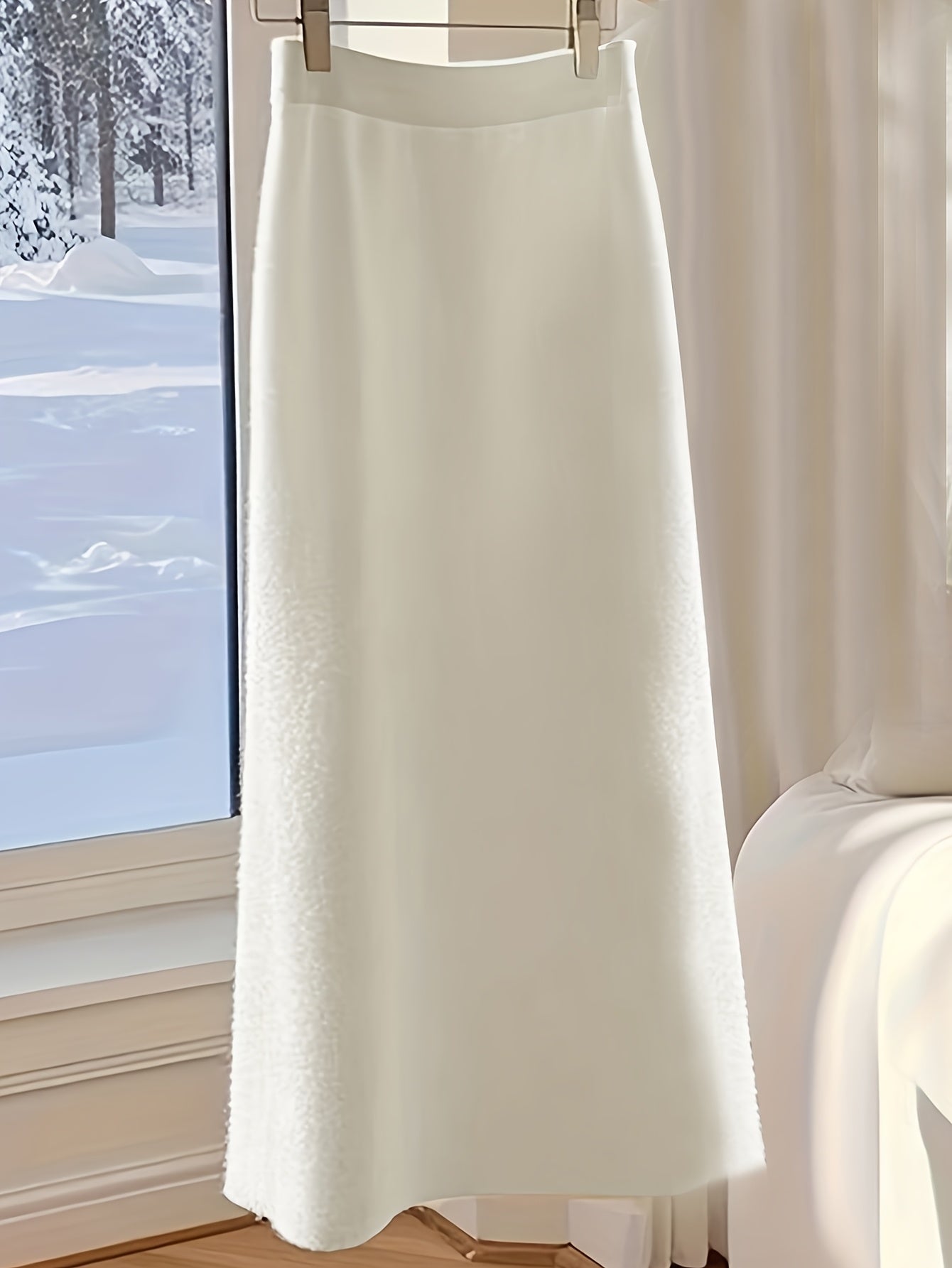 Elegant Women'S Two-Piece Set: High Neck Sweater and Skirt - Chic White, Long Sleeve, Button-Up, Perfect for Fall/Winter, Stylish Office Attire, Office Attire|Sleek Formal Attire| Fabric, Winter Skirt And Top Set For Women, S - Lencensa 