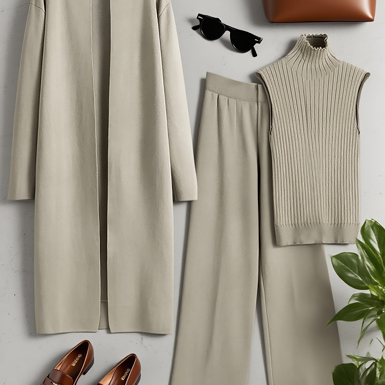 Autumn and Winter Women's Outfit, Solid Color Sweater Three-Piece Set, Cardigan Jacket Ensemble, Casual Elegant Ladies' Suit, Korean Style Top and Bottom Set, Fabric Wide-Leg Pants Set, Fabric Vest Set, Commuter Style Outfit, - Lencensa 