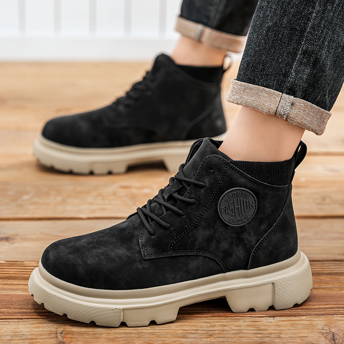 Bottes de randonnée à mi-haut de mode unisexe, couleur unie, style sportif décontracté, chaussures à lacets toutes saisons, fausse tige, intérieur en tissu, semelle en caoutchouc, bout uni pour hommes et femmes