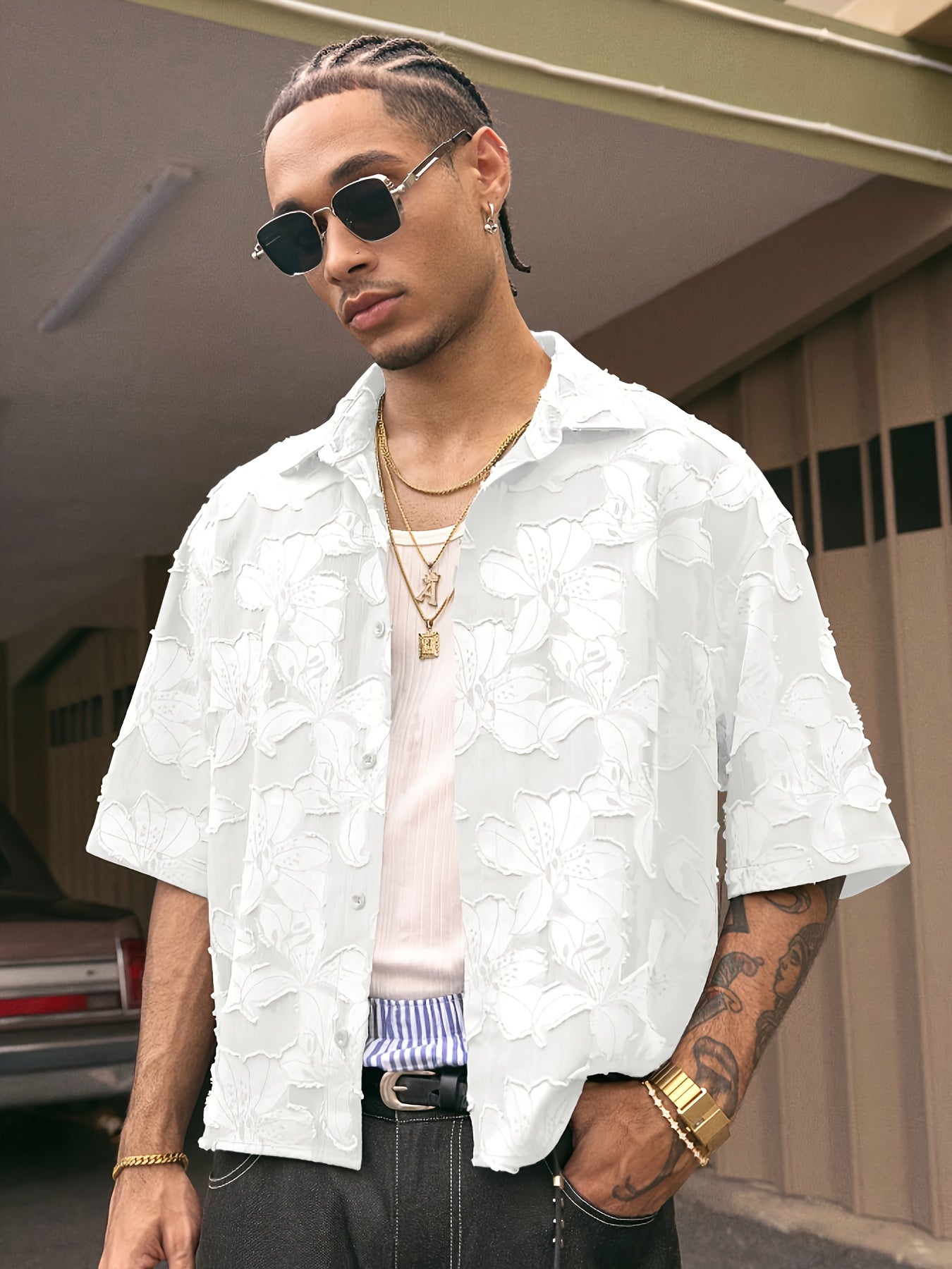 Lencensa - Chemise Homme Manches Courtes Motif Floral