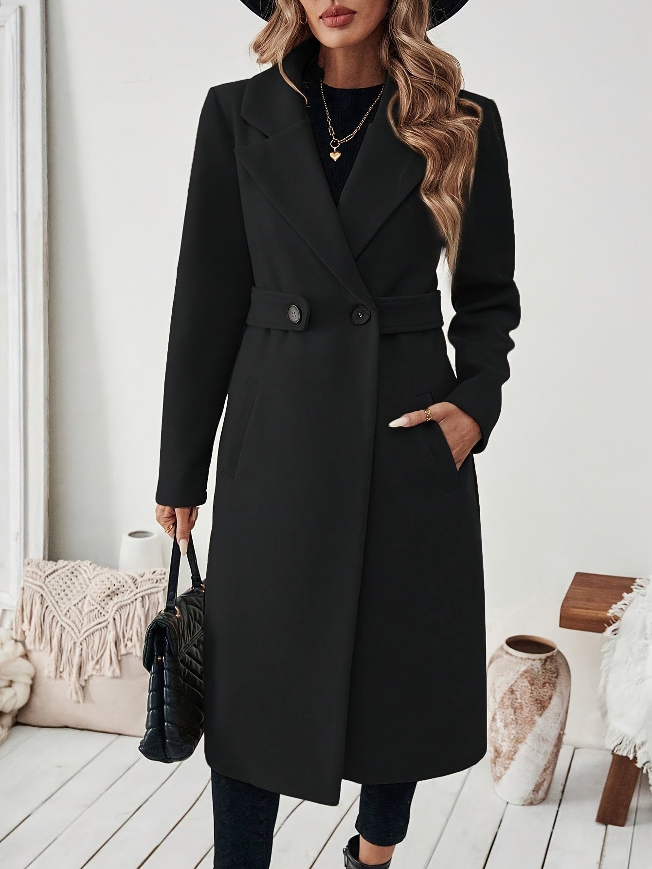 Women's Elegant Long Black Tweed Coat with Adjustable Belt - H-Silhouette Asymmetrical Hem, Machine Washable Winter Trench Coat for Fall & Winter, Office to Evening Versatile Outerwear, Notch Lapel Design - Lencensa 