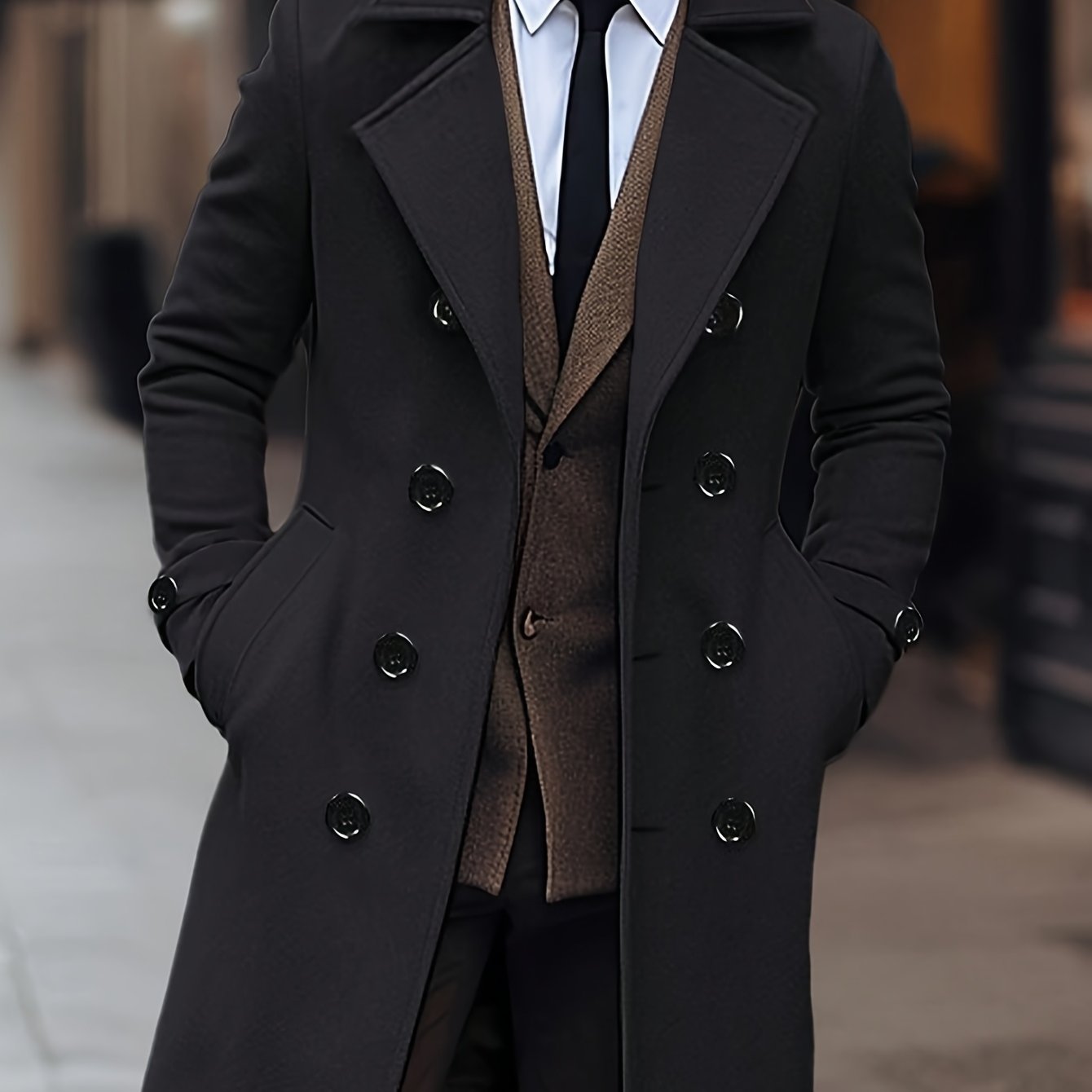 Manteau Homme Long - Double Boutonnage Noir Élégant - Lencensa 