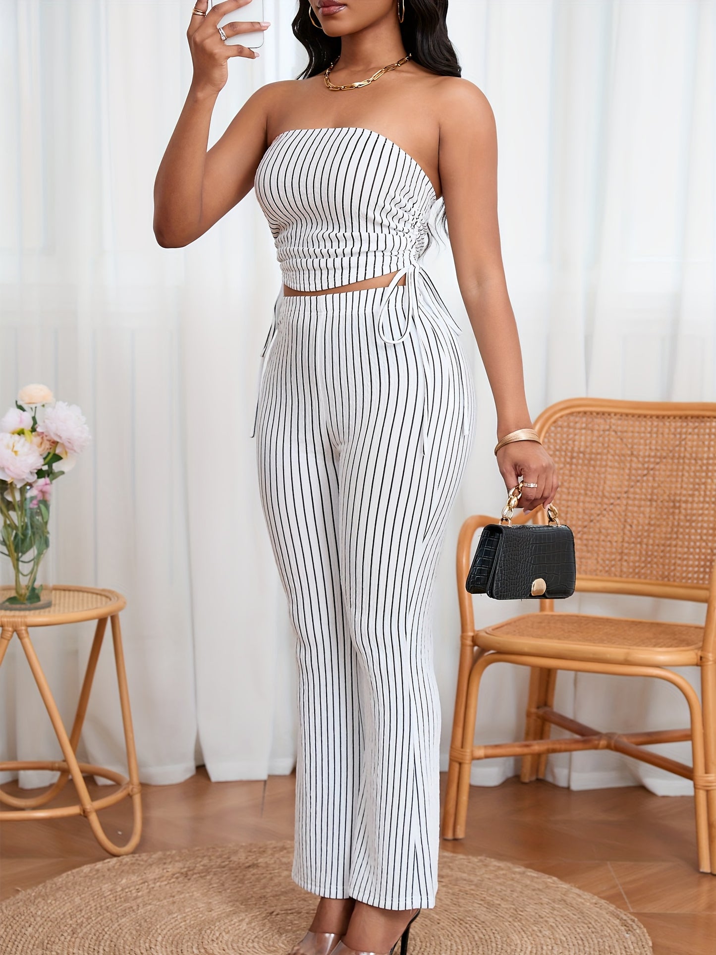 Lencensa - Ensemble Femme Top Bustier et Pantalon Évasé