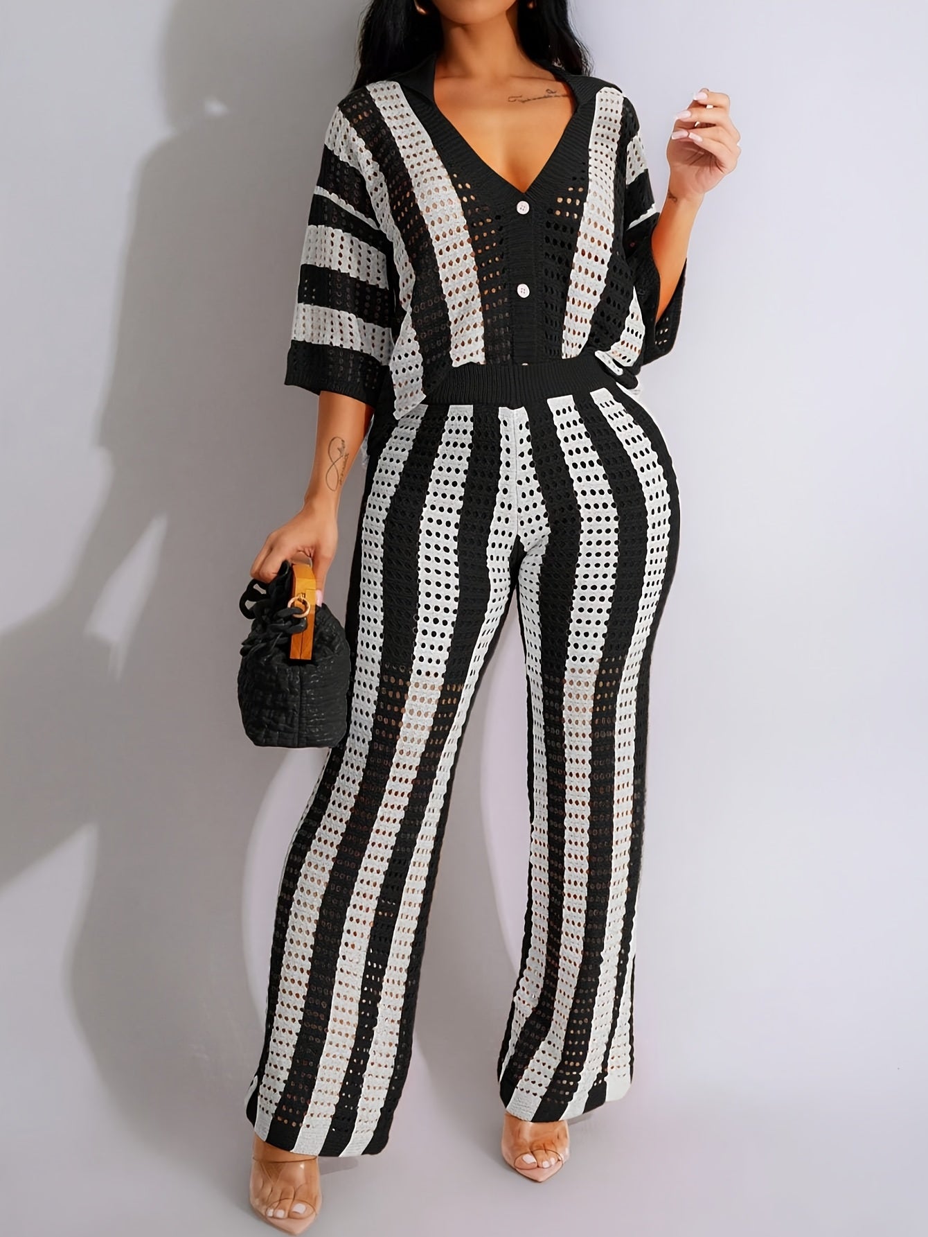 Lencensa - Ensemble Femme Top Col V et Pantalon Tricot