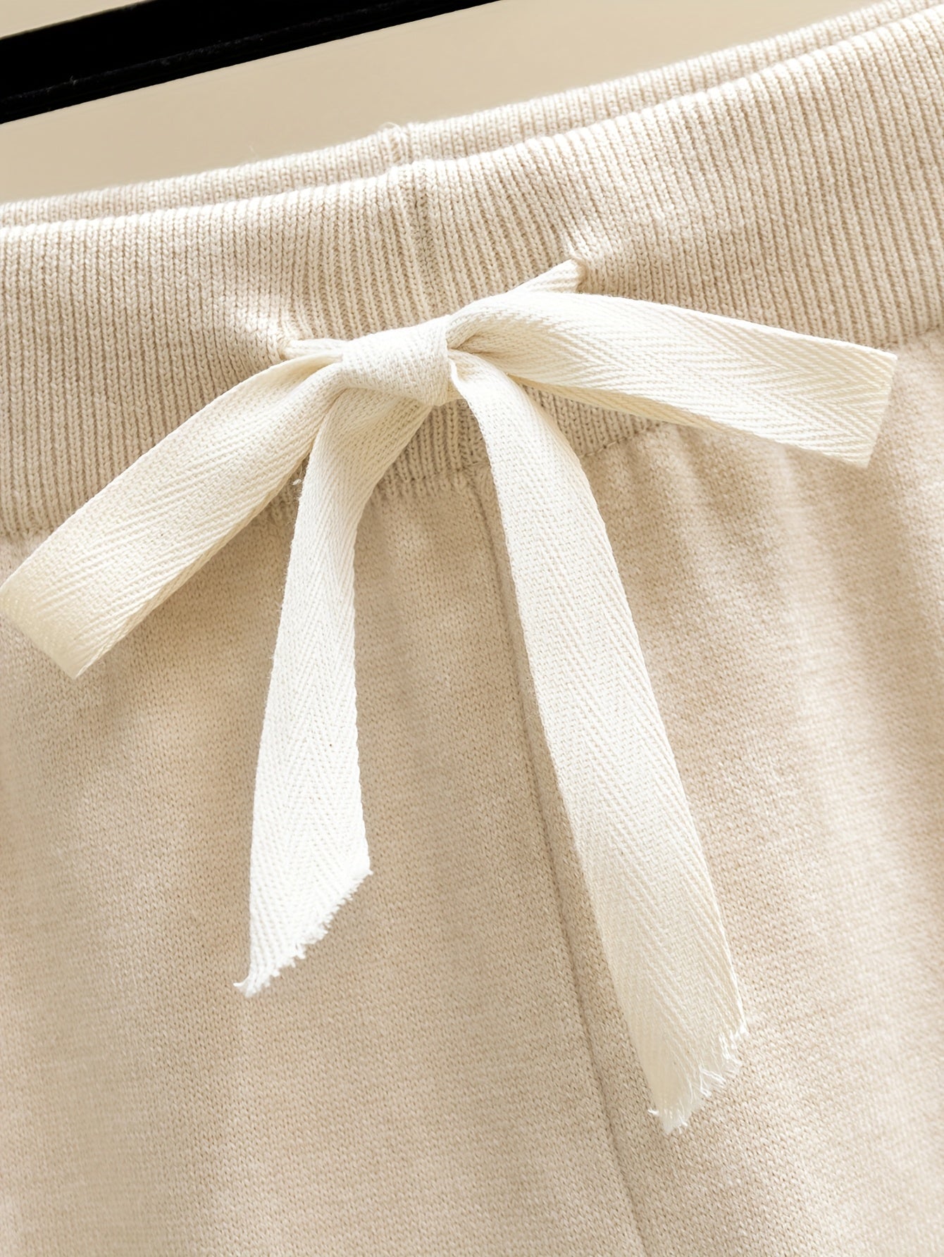 Women'S Elegant High-Neck Long Sleeve Top & Wide-Leg Pants Set - Beige Ribbed Sweater with Drawstring Waist, Casual Fall/Winter Outfit, Casual Attire|Ribbed Texture| Construction, Sweater Set - Lencensa 