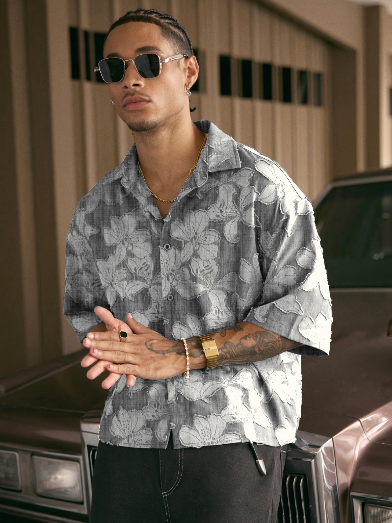 Lencensa - Chemise Homme Manches Courtes Motif Floral