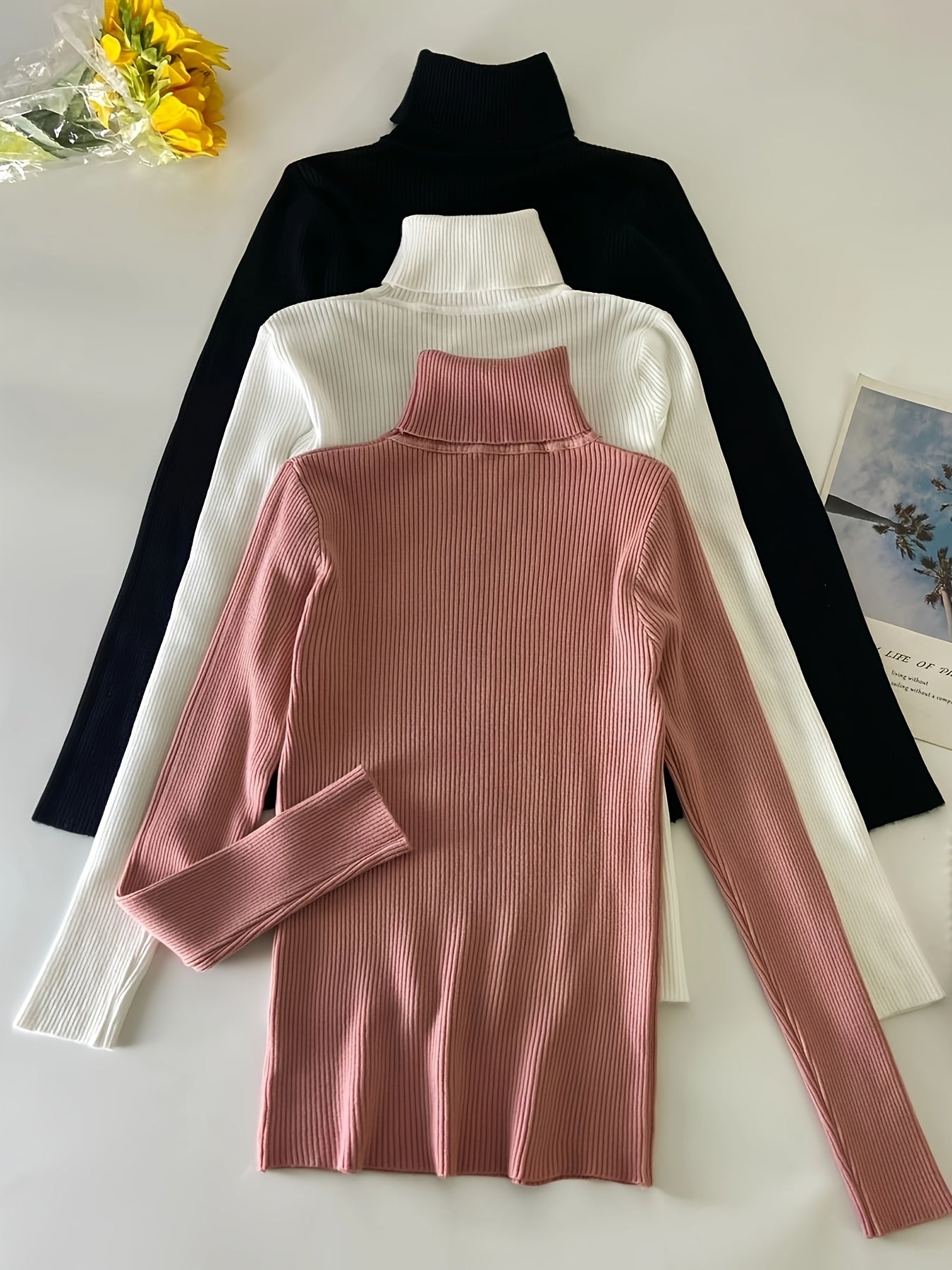 Turtleneck 3 Packs Knitted Pullover Sweater, Casual Solid Color Long Sleeve Sweater For Fall & Winter, Women's Clothing - Lencensa 