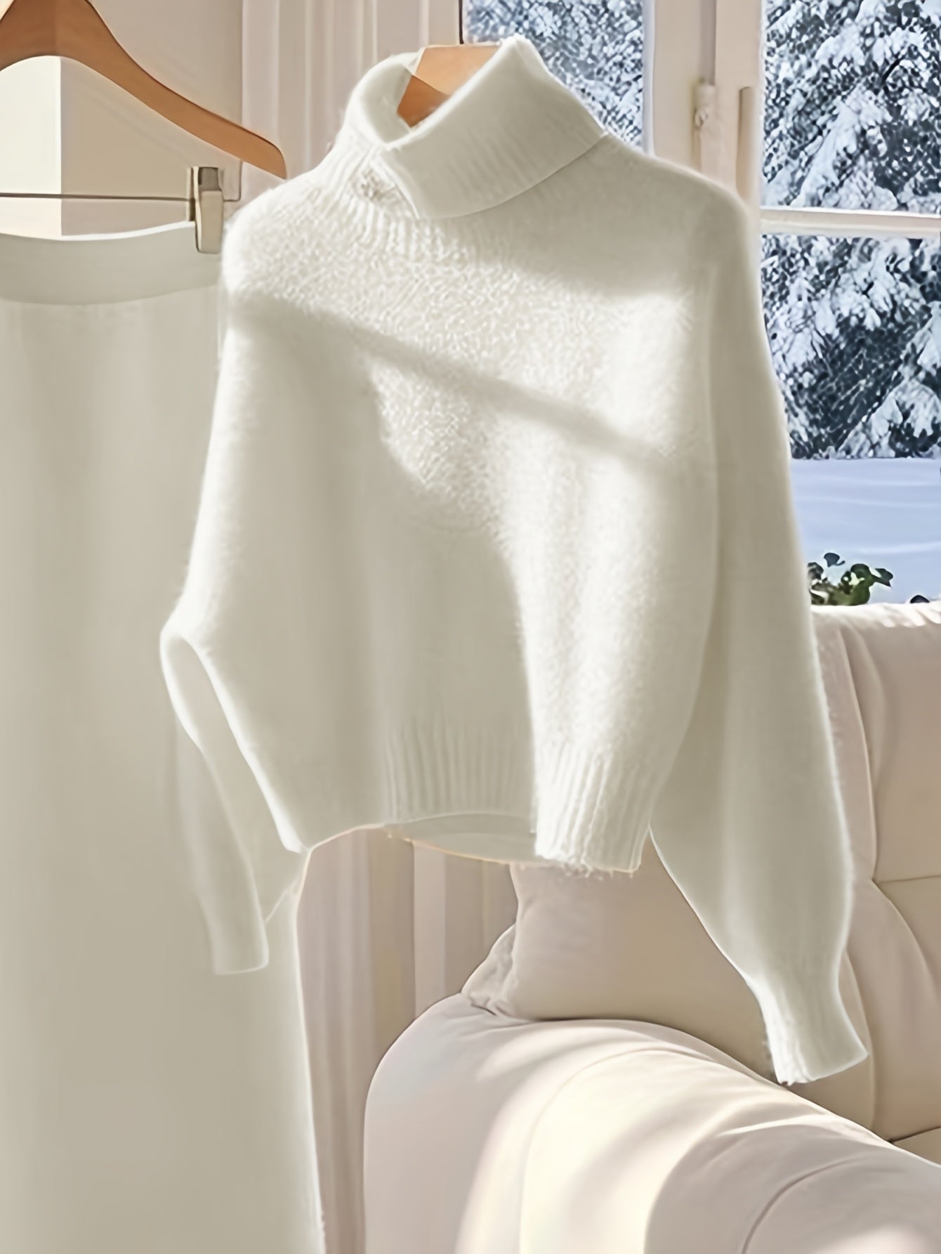 Elegant Women'S Two-Piece Set: High Neck Sweater and Skirt - Chic White, Long Sleeve, Button-Up, Perfect for Fall/Winter, Stylish Office Attire, Office Attire|Sleek Formal Attire| Fabric, Winter Skirt And Top Set For Women, S - Lencensa 