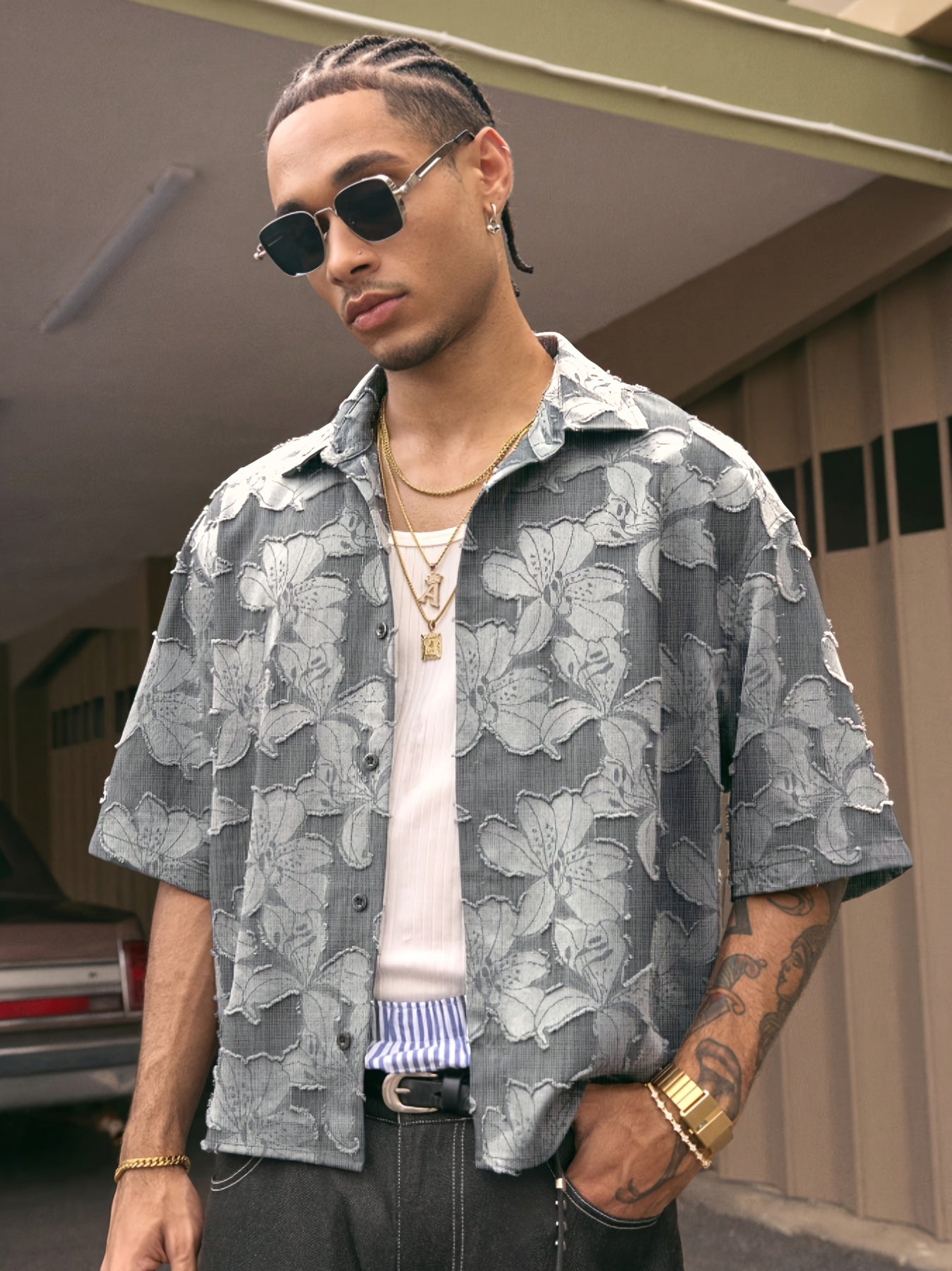 Lencensa - Chemise Homme Manches Courtes Motif Floral