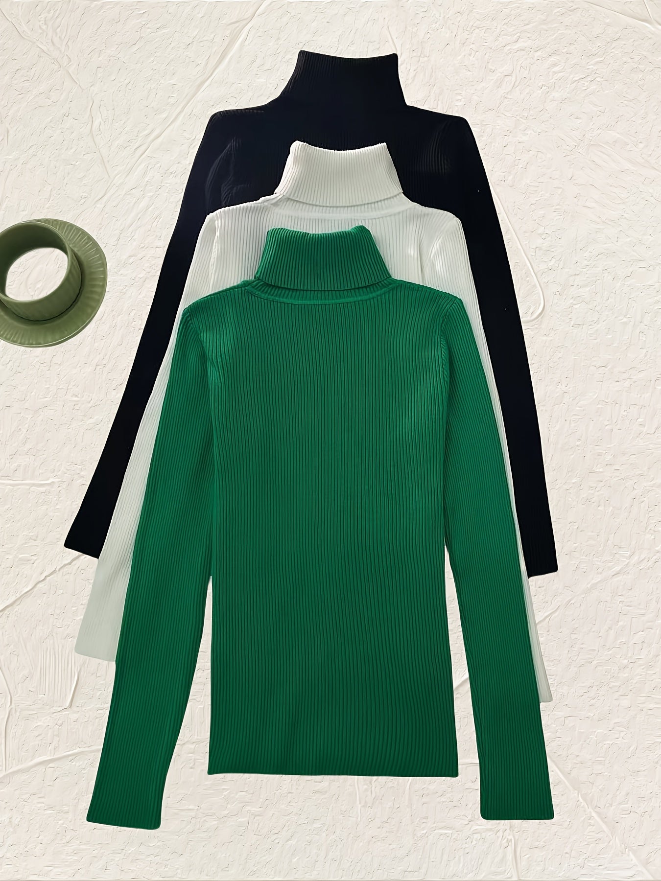 Turtleneck 3 Packs Knitted Pullover Sweater, Casual Solid Color Long Sleeve Sweater For Fall & Winter, Women's Clothing - Lencensa 