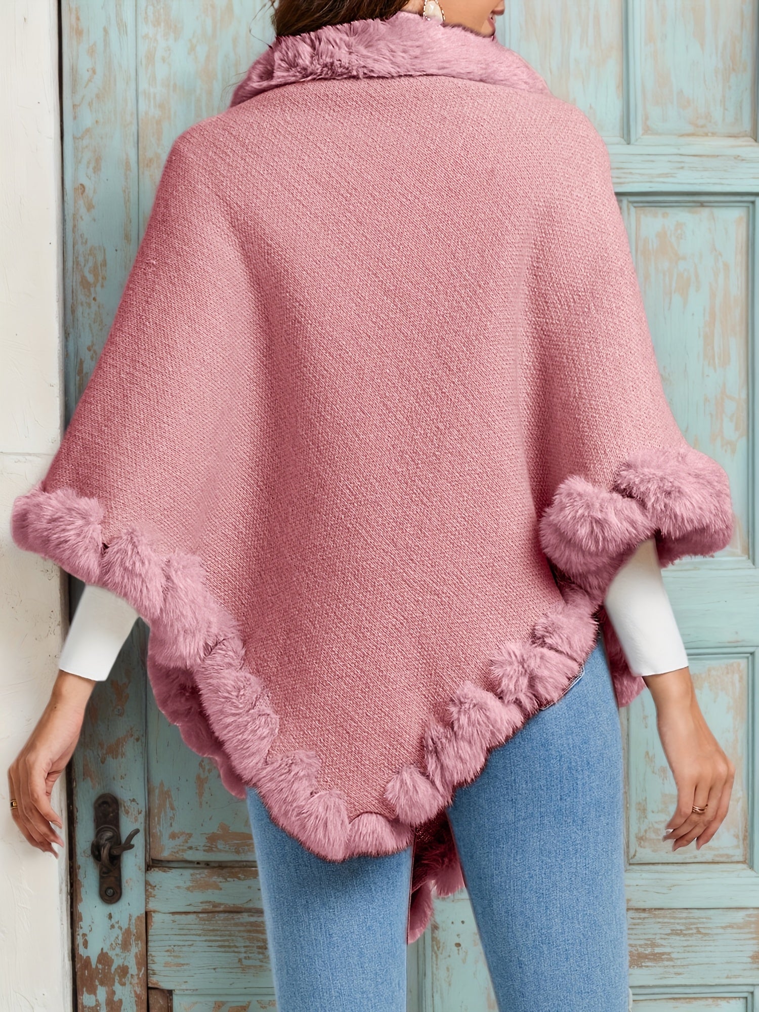 Pure Body" Elegant Special Edition Women's Solid Color Waffle Pullover, 100% Polyester with Faux Fur Collar Splice, Stylish and Warm Sweater for Autumn/Winter, Suitable for Outdoors, Office & Home Wear, Hand Washable, Gift Id - Lencensa 