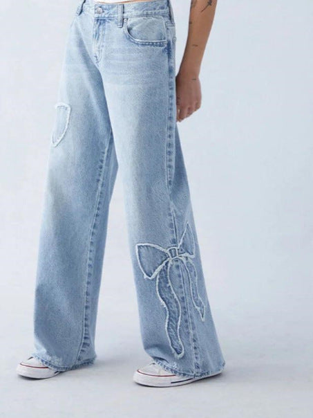 Embroidered High Waist Straight Leg Jeans - Lencensa 
