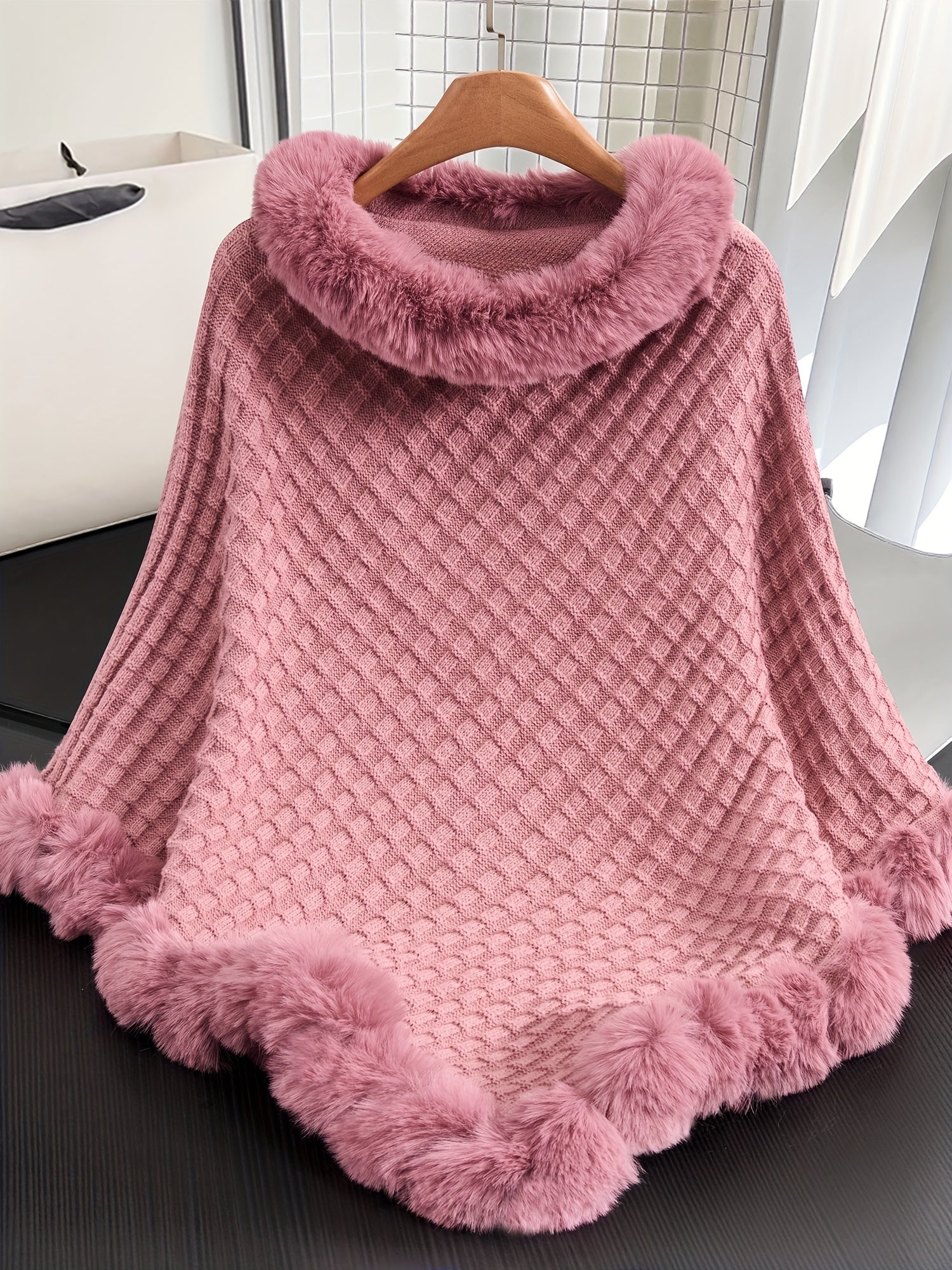 Pure Body" Elegant Special Edition Women's Solid Color Waffle Pullover, 100% Polyester with Faux Fur Collar Splice, Stylish and Warm Sweater for Autumn/Winter, Suitable for Outdoors, Office & Home Wear, Hand Washable, Gift Id - Lencensa 