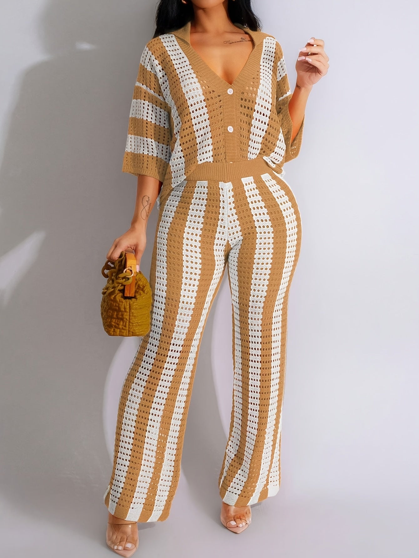 Lencensa - Ensemble Femme Top Col V et Pantalon Tricot