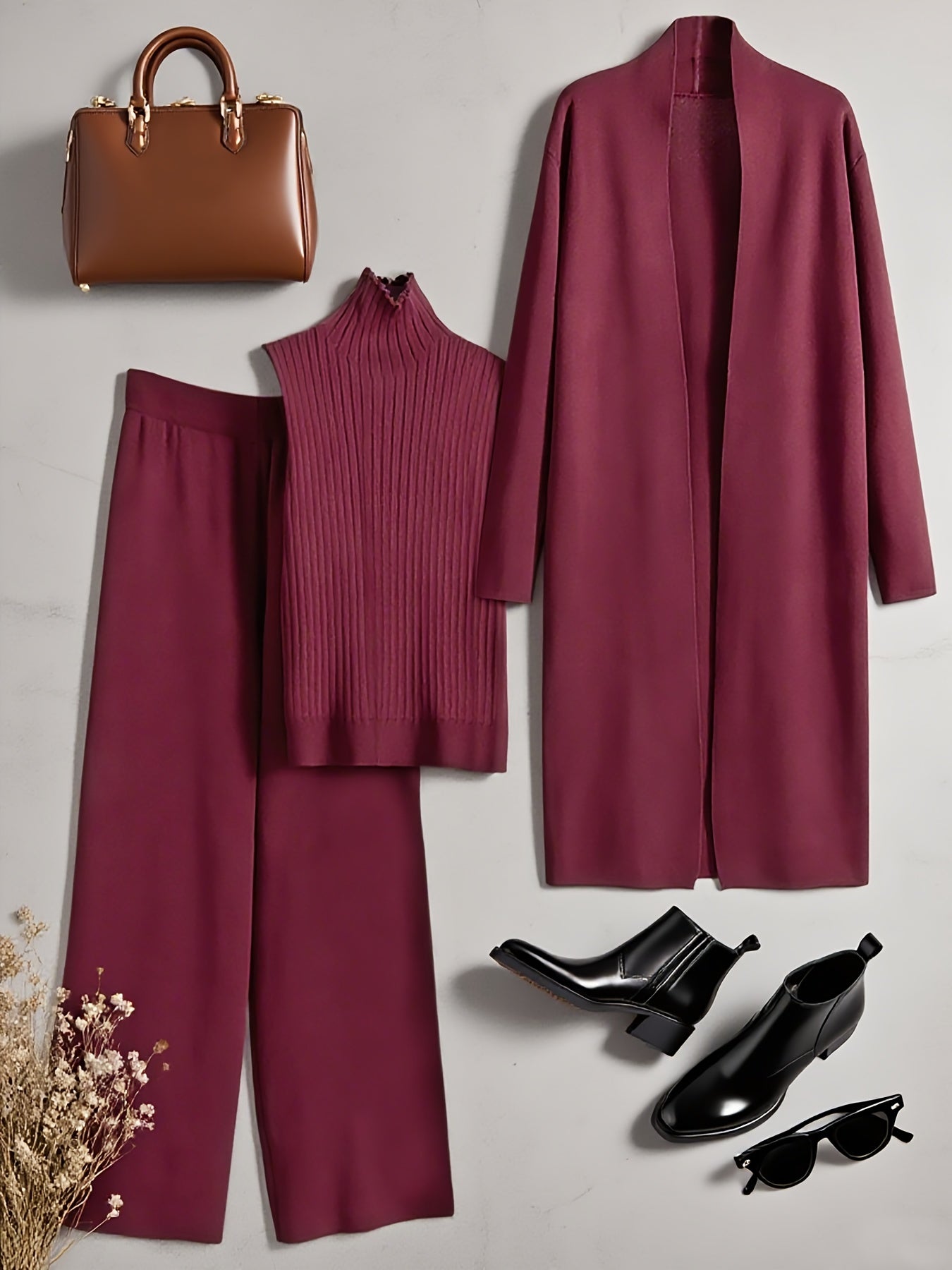 Autumn and Winter Women's Outfit, Solid Color Sweater Three-Piece Set, Cardigan Jacket Ensemble, Casual Elegant Ladies' Suit, Korean Style Top and Bottom Set, Fabric Wide-Leg Pants Set, Fabric Vest Set, Commuter Style Outfit, - Lencensa 