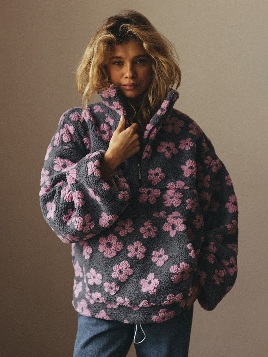 Floral Fleece Hoodie Women Loose Fit Warm Pullover - Lencensa 