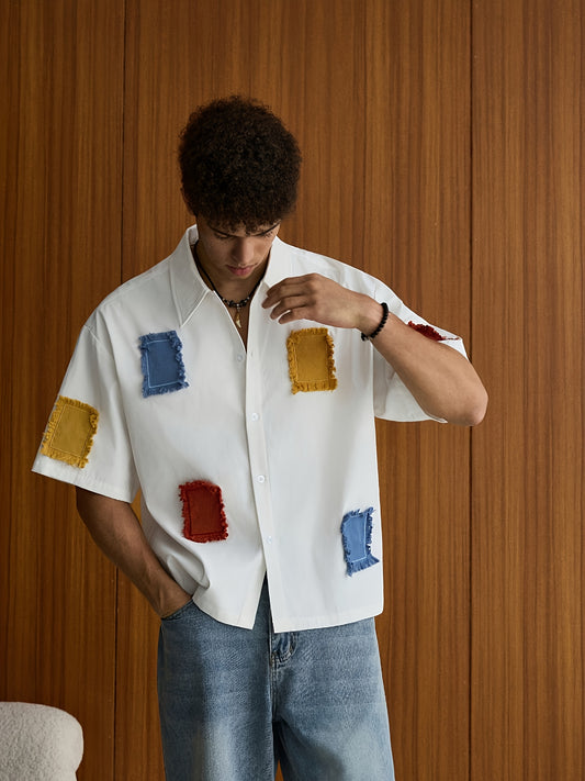 Lencensa - Chemise Homme Patchwork Coloré Manches Courtes