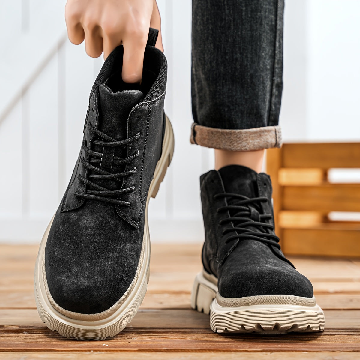 Bottes de randonnée à mi-haut de mode unisexe, couleur unie, style sportif décontracté, chaussures à lacets toutes saisons, fausse tige, intérieur en tissu, semelle en caoutchouc, bout uni pour hommes et femmes