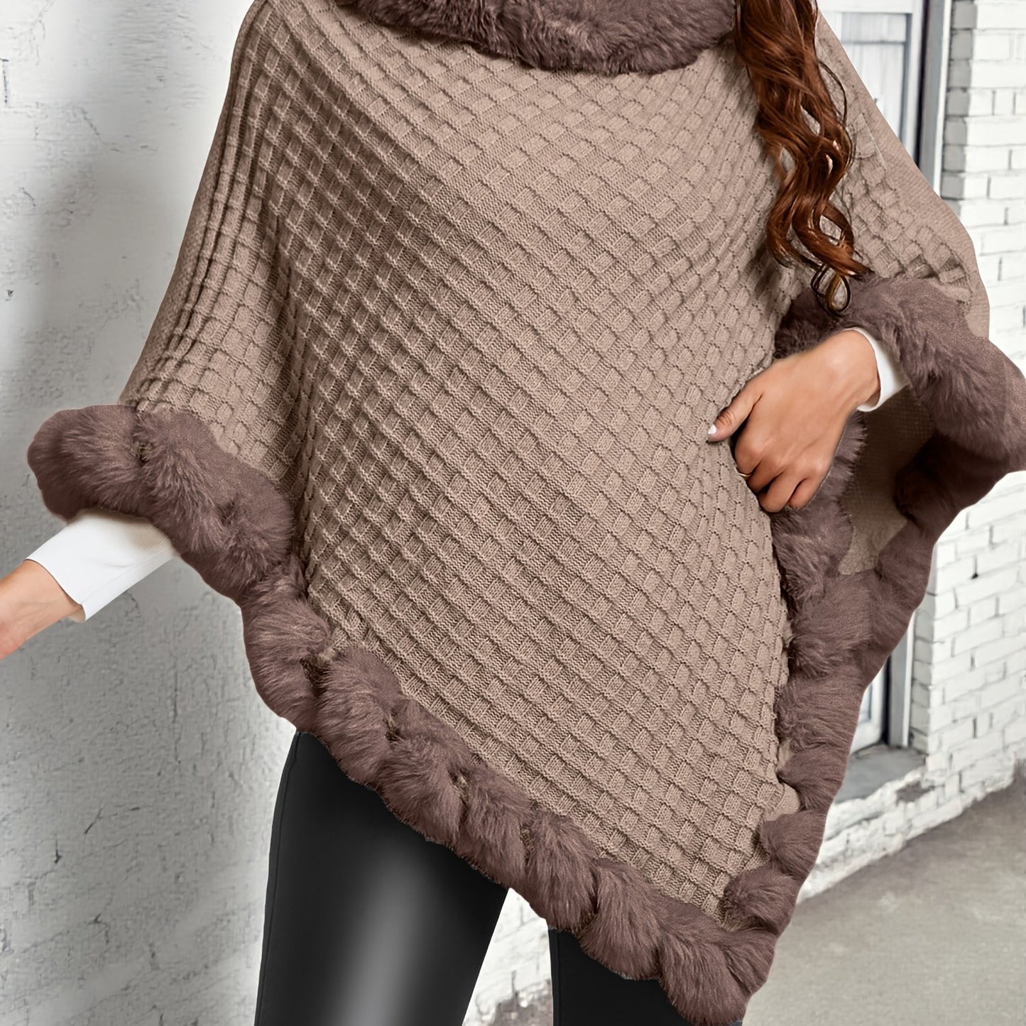 Pure Body" Elegant Special Edition Women's Solid Color Waffle Pullover, 100% Polyester with Faux Fur Collar Splice, Stylish and Warm Sweater for Autumn/Winter, Suitable for Outdoors, Office & Home Wear, Hand Washable, Gift Id - Lencensa 