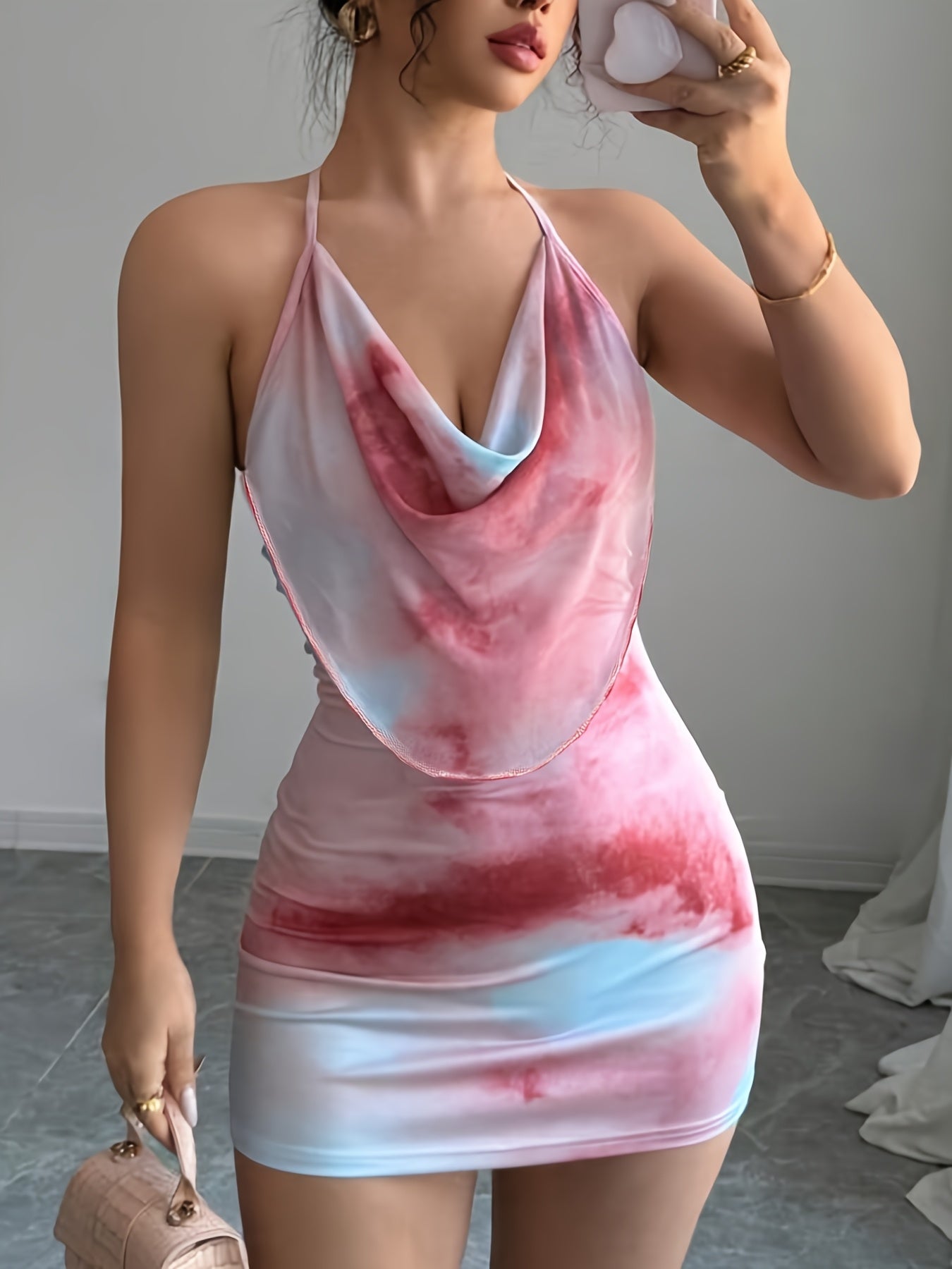 Lencensa - Robe Mini Tie-Dye Halter Sans Manches