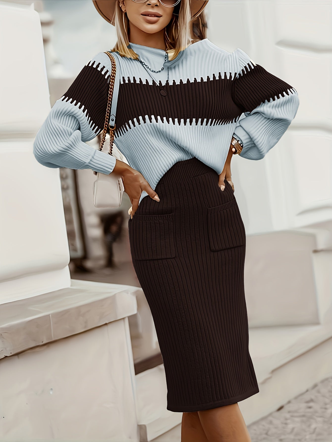 Ensemble Deux Pièces Femme Élégant - Cardigan Manches Longues & Jupe Marron 2025 - Lencensa 