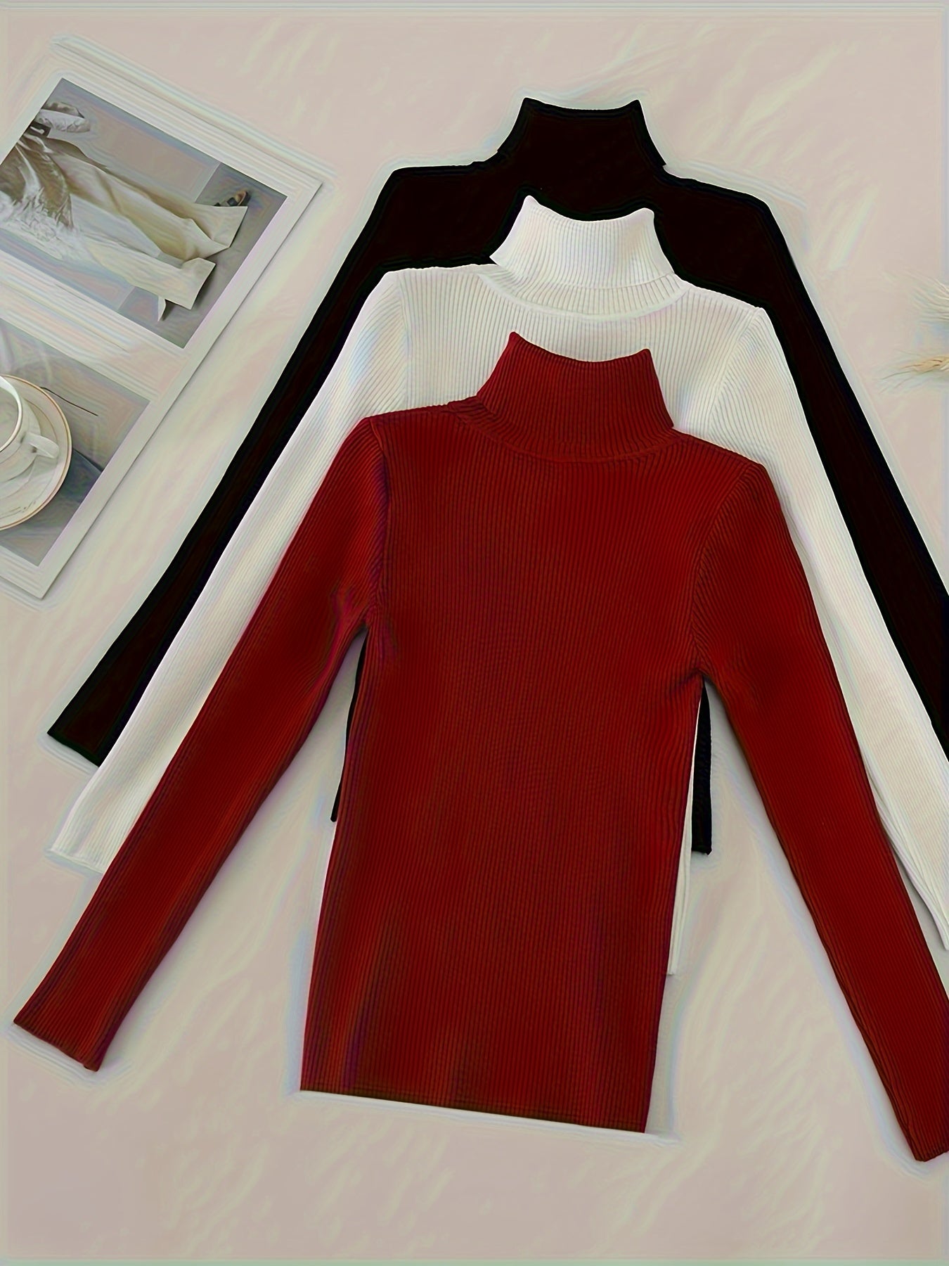 Turtleneck 3 Packs Knitted Pullover Sweater, Casual Solid Color Long Sleeve Sweater For Fall & Winter, Women's Clothing - Lencensa 