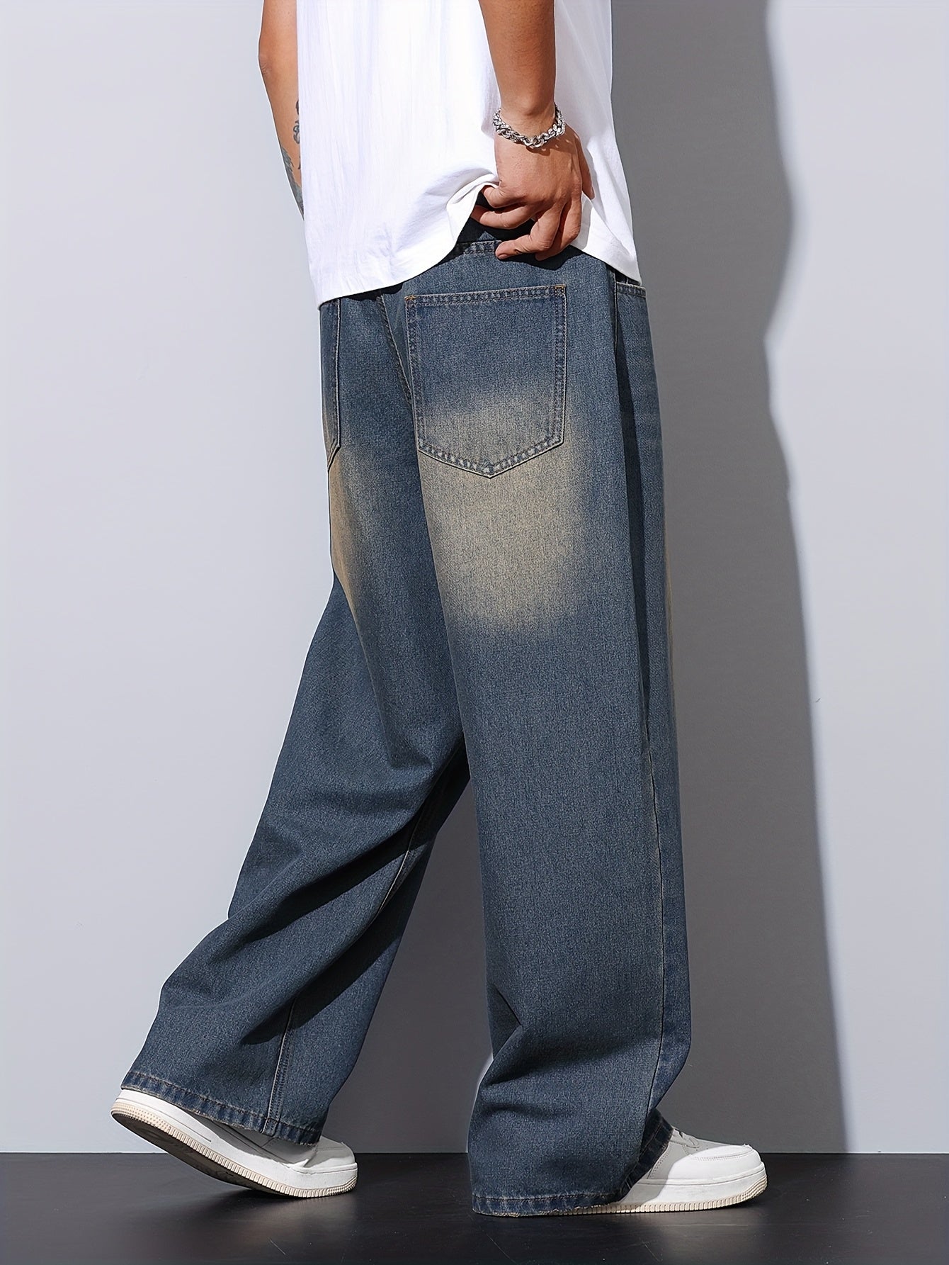 Jean Délavé Lencensa - Coupe Large Effet Usé Bleu Homme