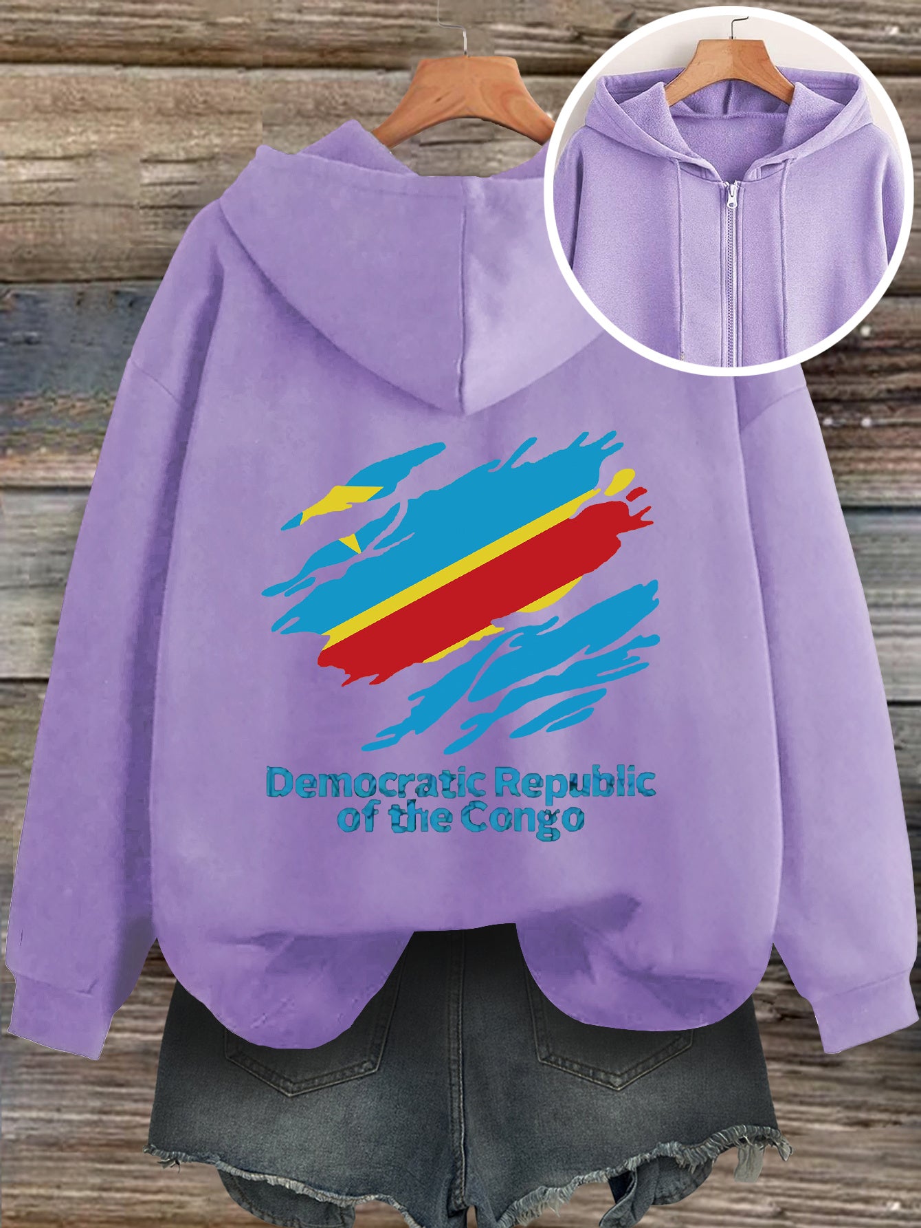 Women'S Casual Hooded Zip-Up Cardigan with Democratic Republic of the Congo Print, Loose Fit Fashion Top for Fall/Winter, Front Pocket Detail, Hoodie - Lencensa 