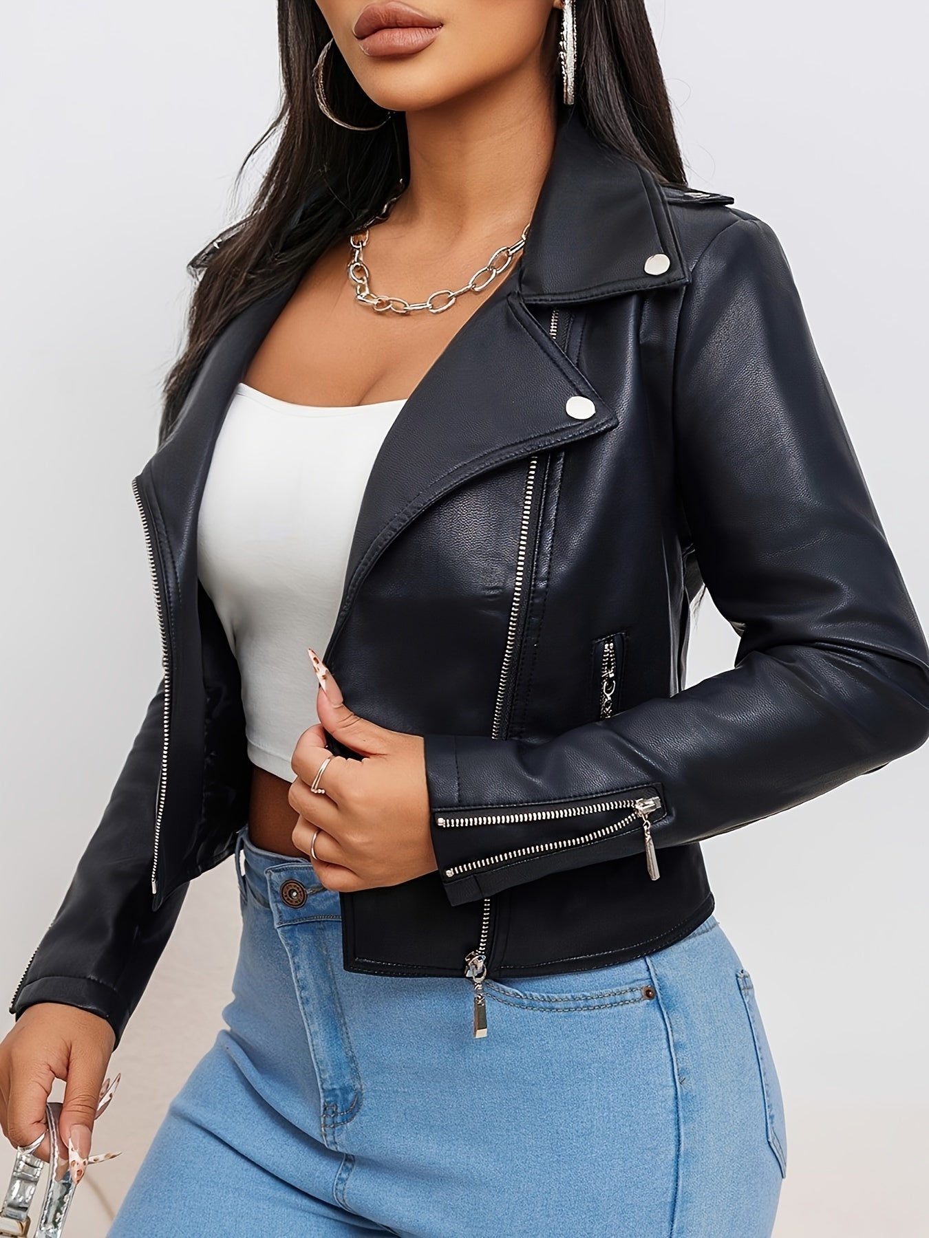 Women'S Chic Faux Leather Biker Jacket - Beige, Long Sleeve, Zipper Front, Pockets, Skinny Fit, Spring/Fall Fashion, Casual Attire Jacket|Chic Casual Jacket|Zippered Jacket - Lencensa 