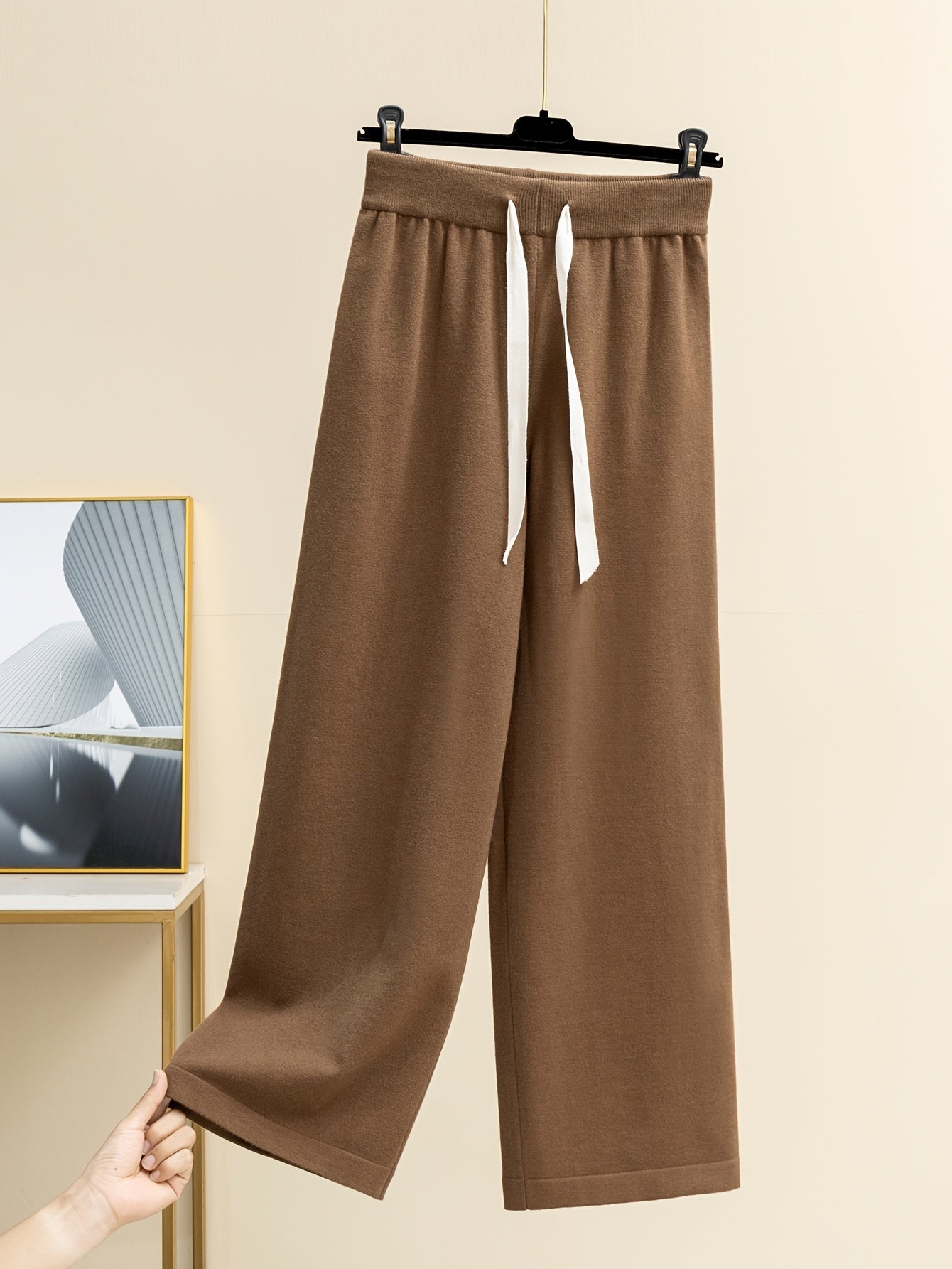 Women'S Elegant High-Neck Long Sleeve Top & Wide-Leg Pants Set - Beige Ribbed Sweater with Drawstring Waist, Casual Fall/Winter Outfit, Casual Attire|Ribbed Texture| Construction, Sweater Set - Lencensa 