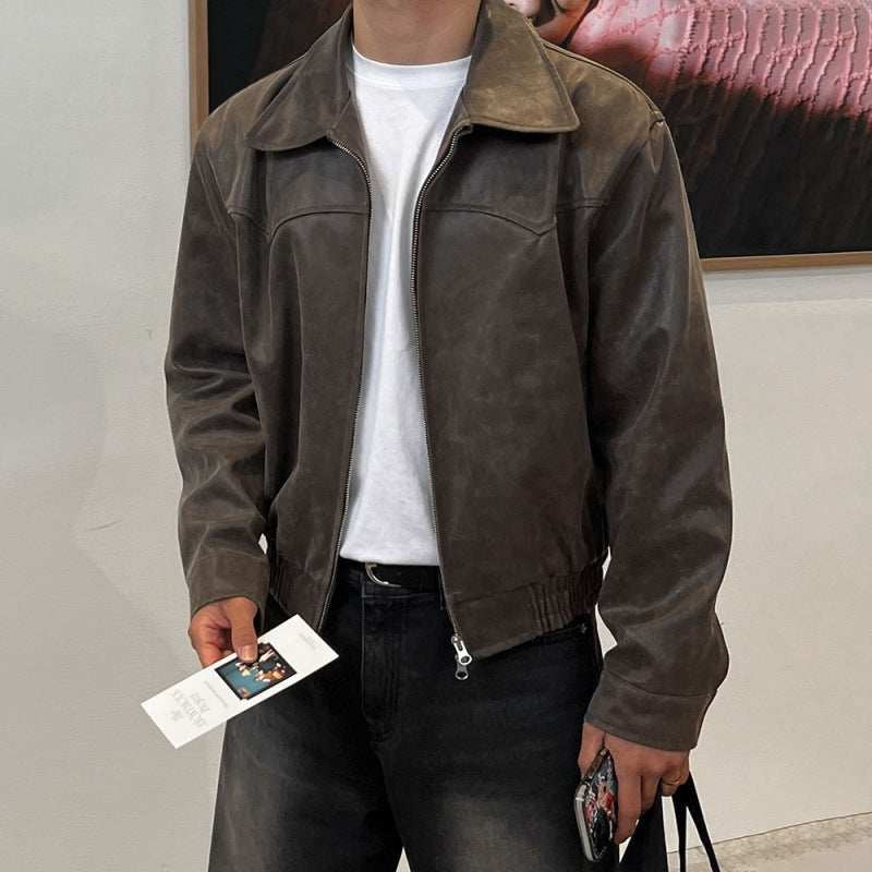 Retro short leather jacket for men - Lencensa 