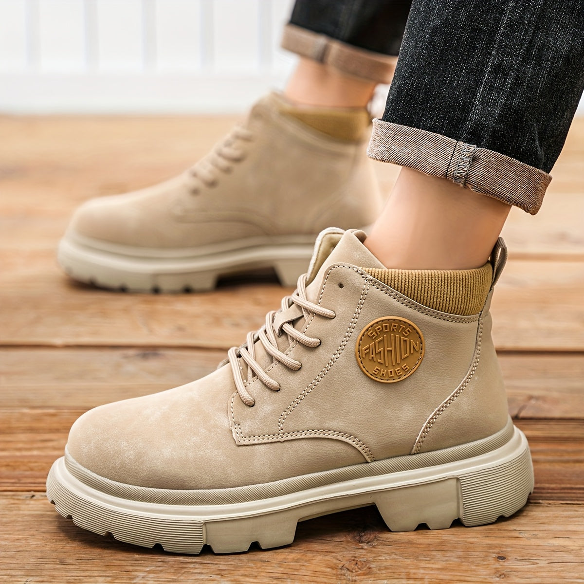Bottes de randonnée à mi-haut de mode unisexe, couleur unie, style sportif décontracté, chaussures à lacets toutes saisons, fausse tige, intérieur en tissu, semelle en caoutchouc, bout uni pour hommes et femmes