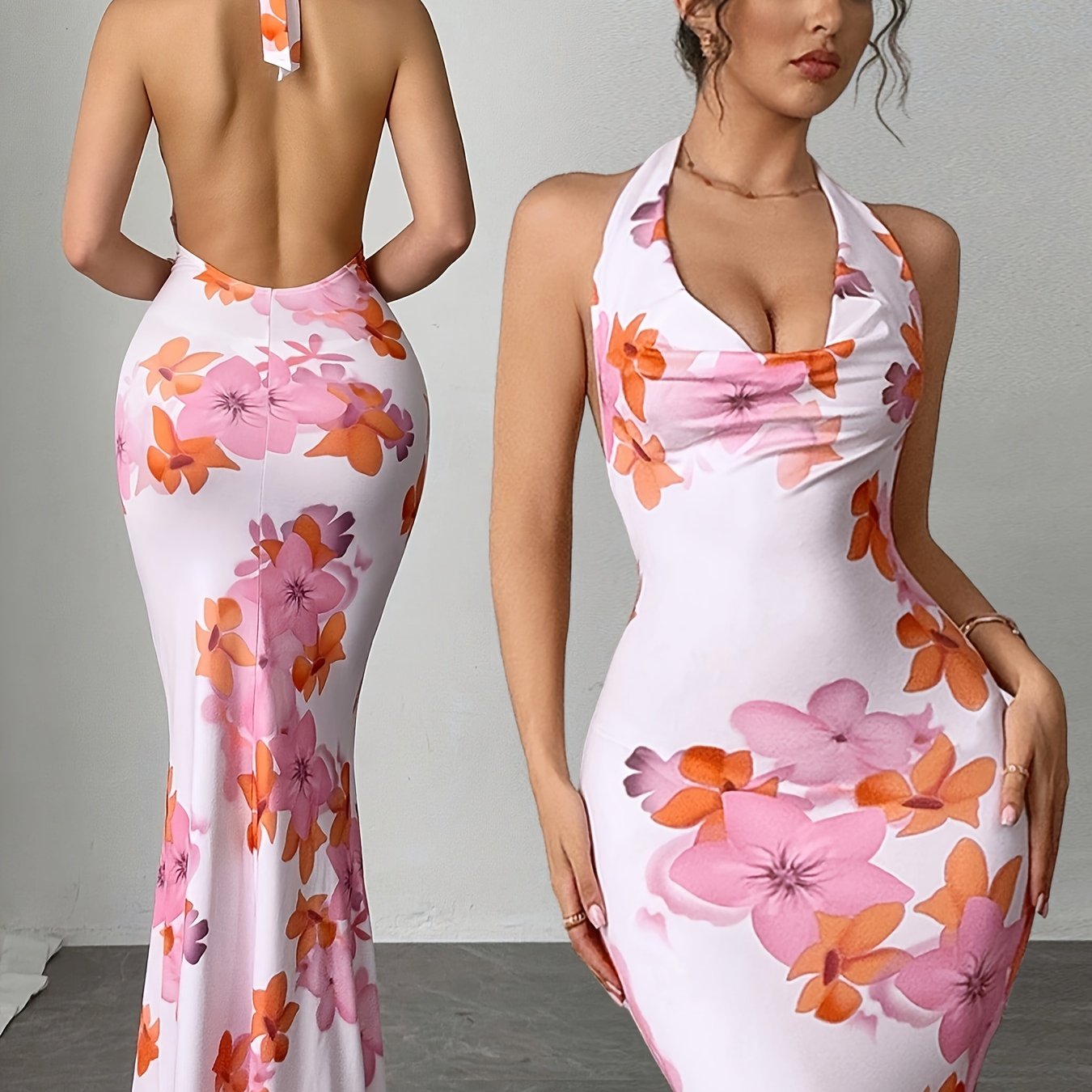 Lencensa - Robe Maxi Sirène Dos Nu Motif Floral