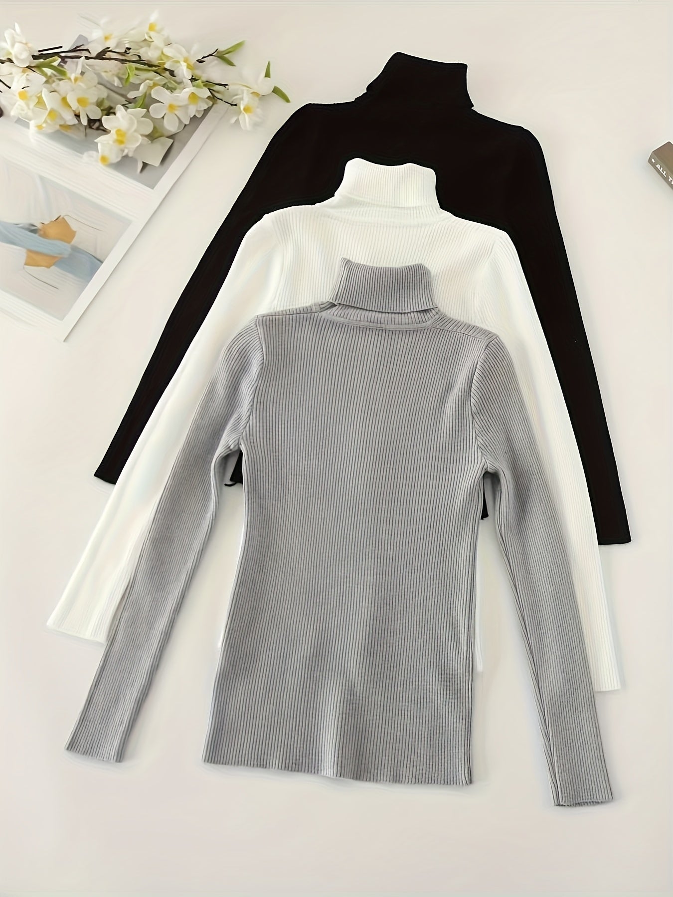 Turtleneck 3 Packs Knitted Pullover Sweater, Casual Solid Color Long Sleeve Sweater For Fall & Winter, Women's Clothing - Lencensa 