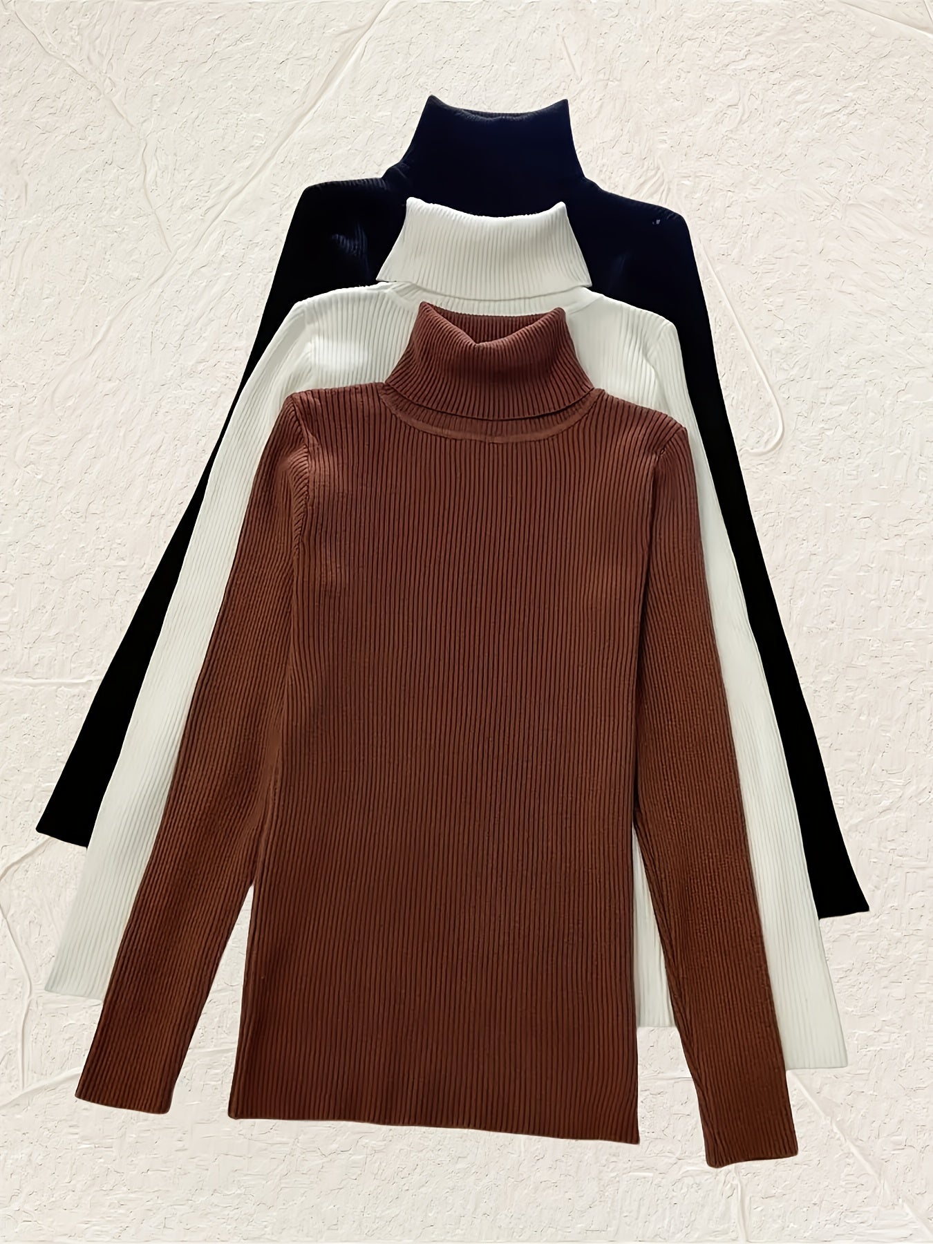 Turtleneck 3 Packs Knitted Pullover Sweater, Casual Solid Color Long Sleeve Sweater For Fall & Winter, Women's Clothing - Lencensa 