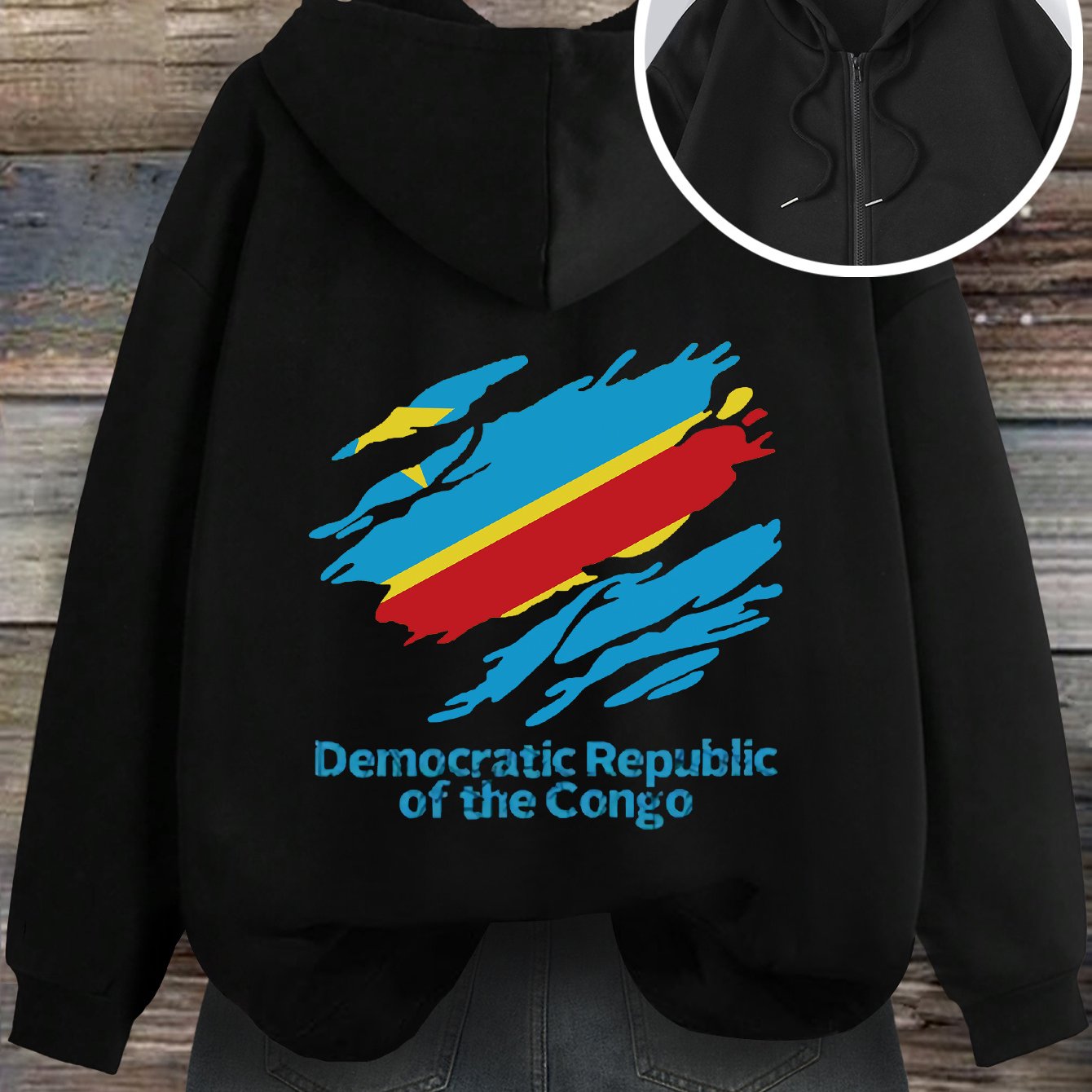 Women'S Casual Hooded Zip-Up Cardigan with Democratic Republic of the Congo Print, Loose Fit Fashion Top for Fall/Winter, Front Pocket Detail, Hoodie - Lencensa 